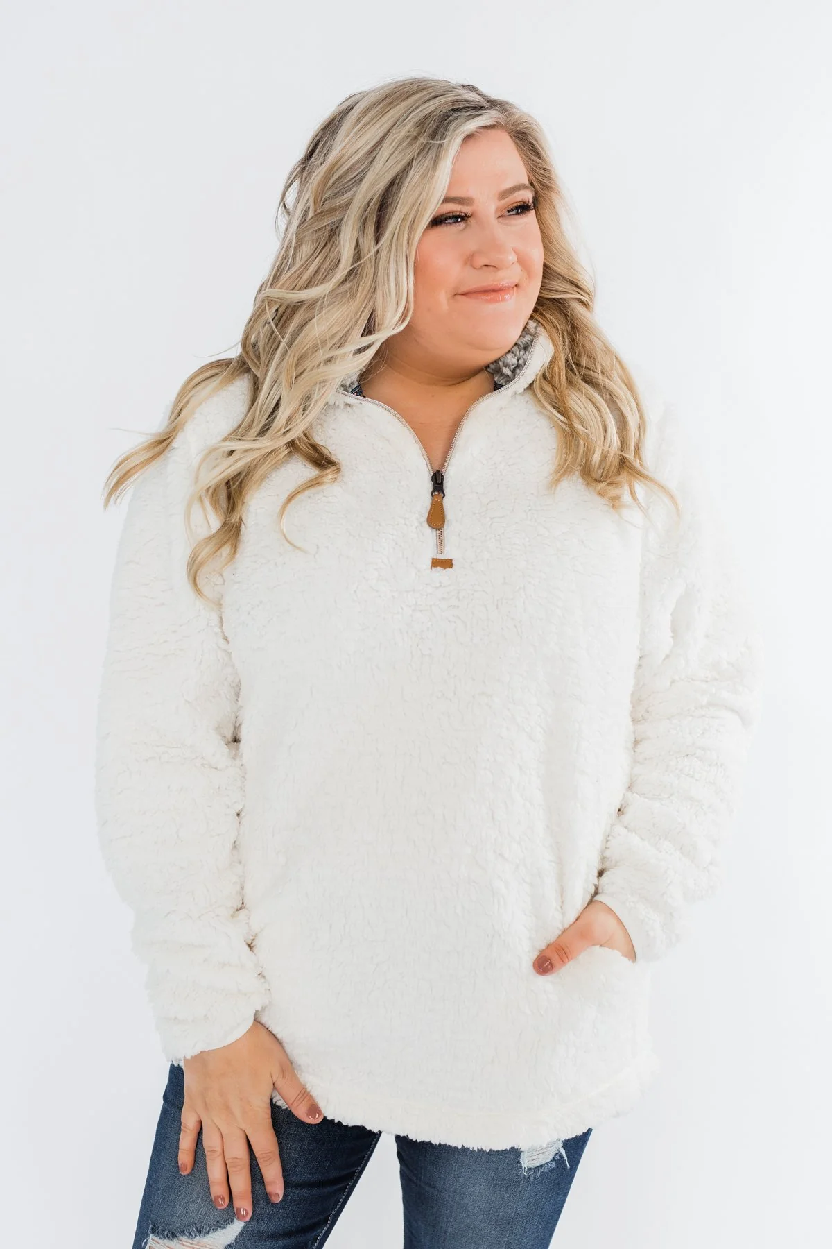 1/4 Zip Frosty Sherpa Pullover- Ivory - Image 7