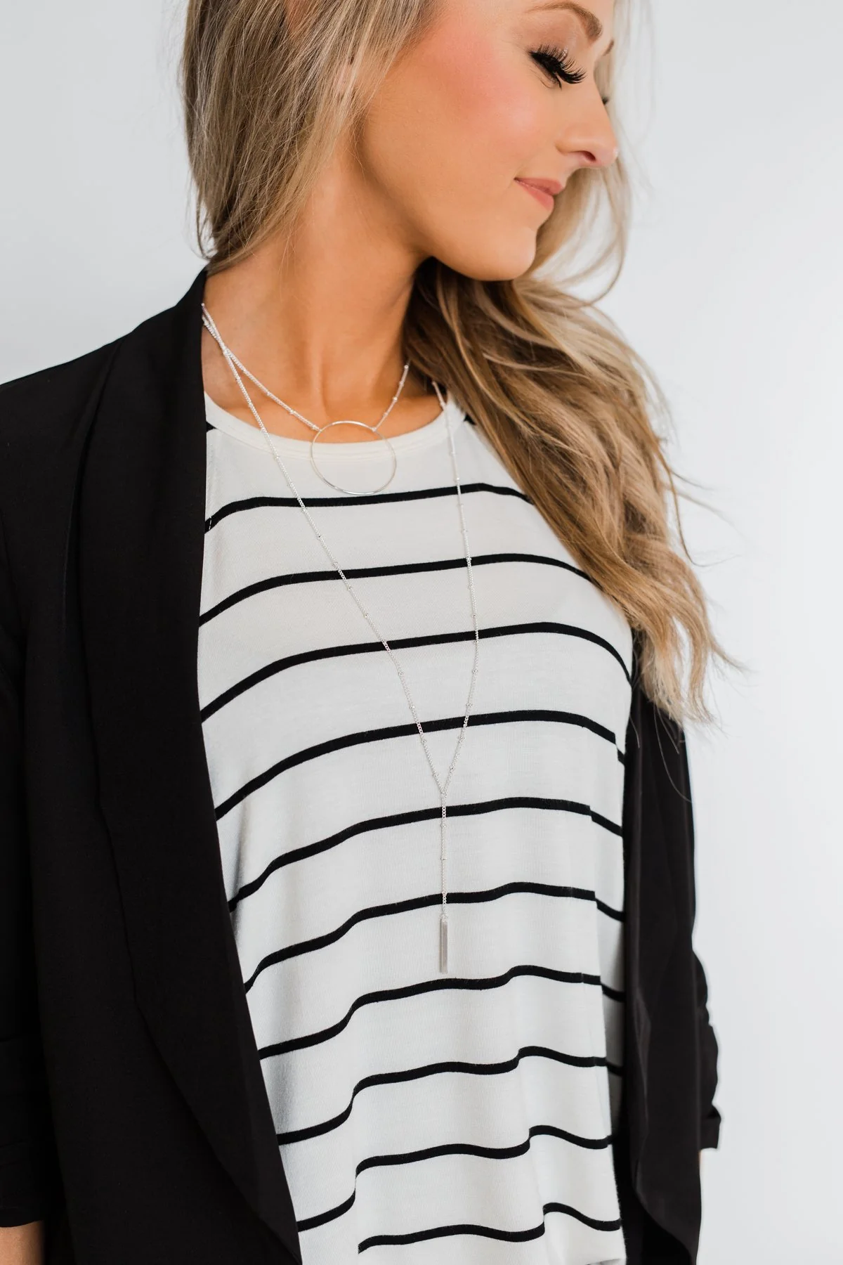 2 Tier Circle & Bar Long Necklace- Silver - Image 4