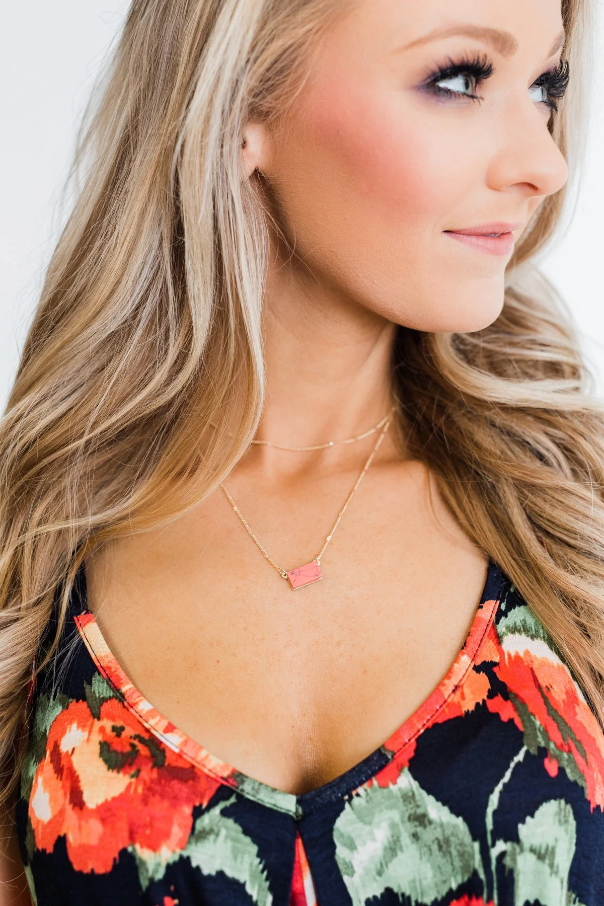 2 Tier Rectangle Marble Stone Necklace- Coral - Image 4