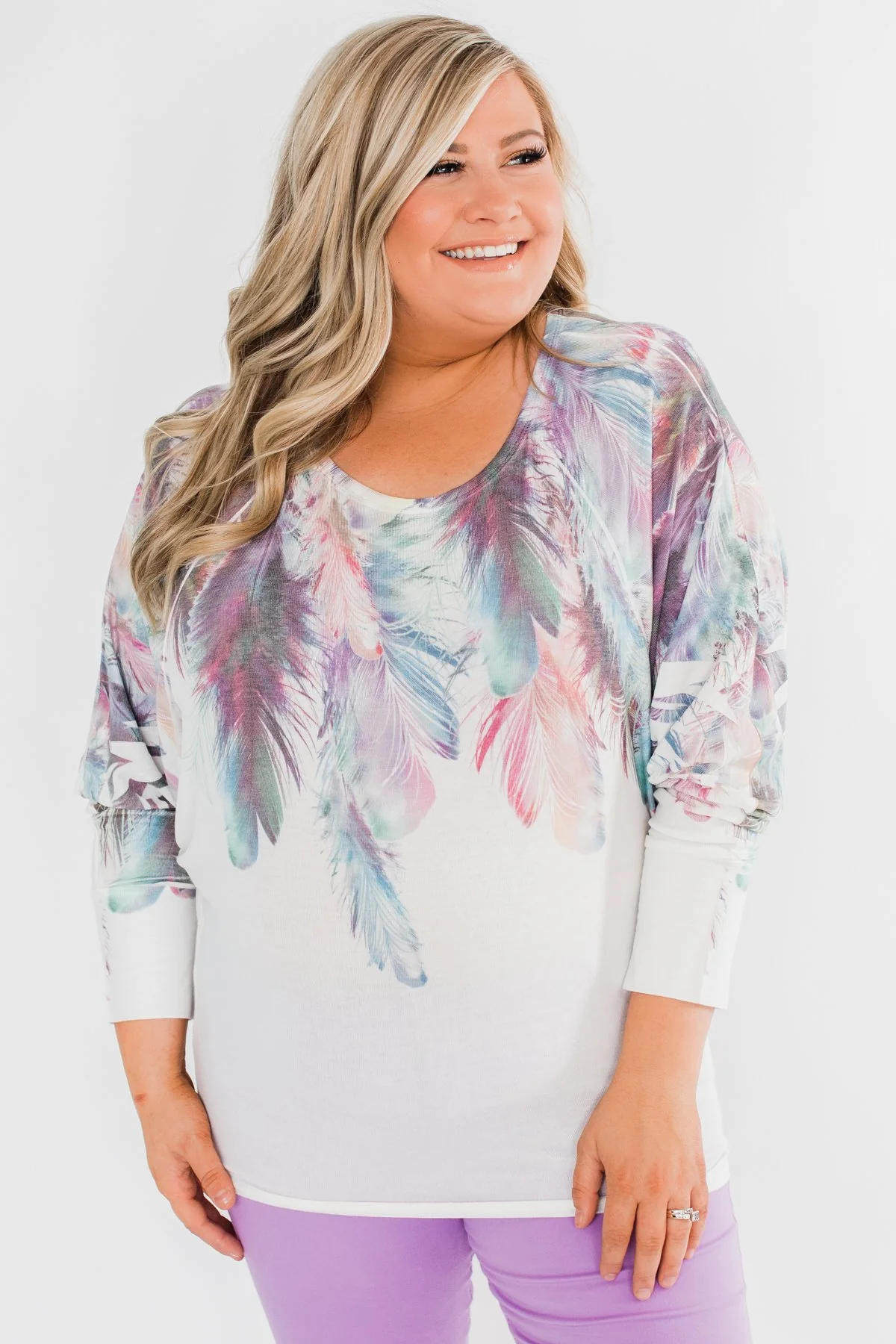 *2nds* Colorful Feather Dolman Sleeve Top- Ivory - Image 8