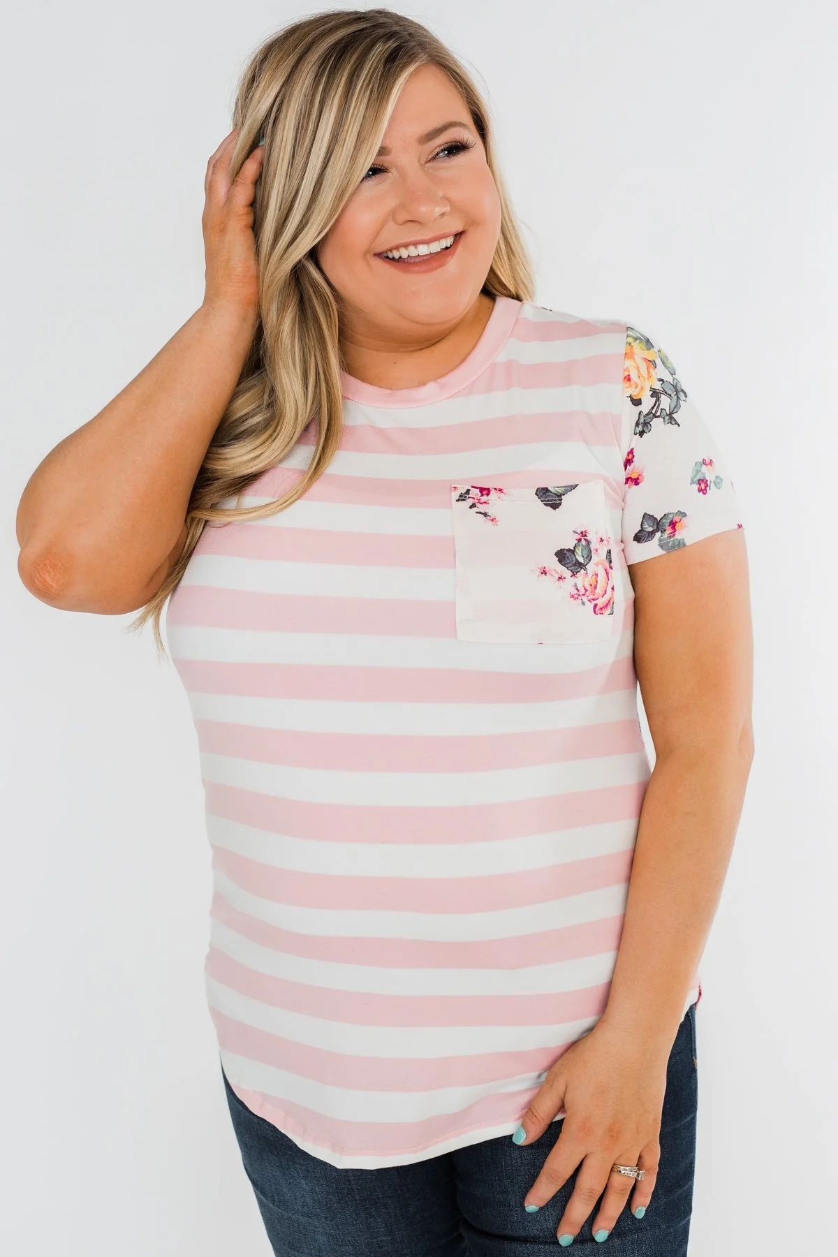 *2nds* Floral & Striped Pocket Top- Blush - Image 10