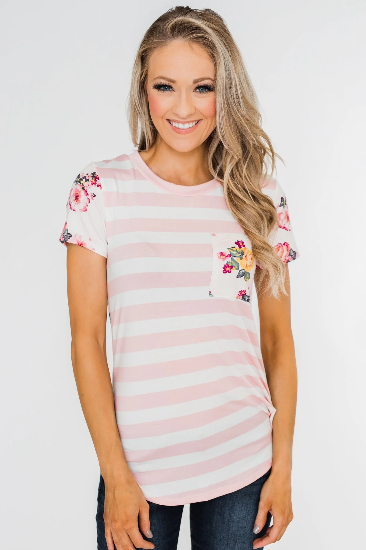 *2nds* Floral & Striped Pocket Top- Blush - Image 11