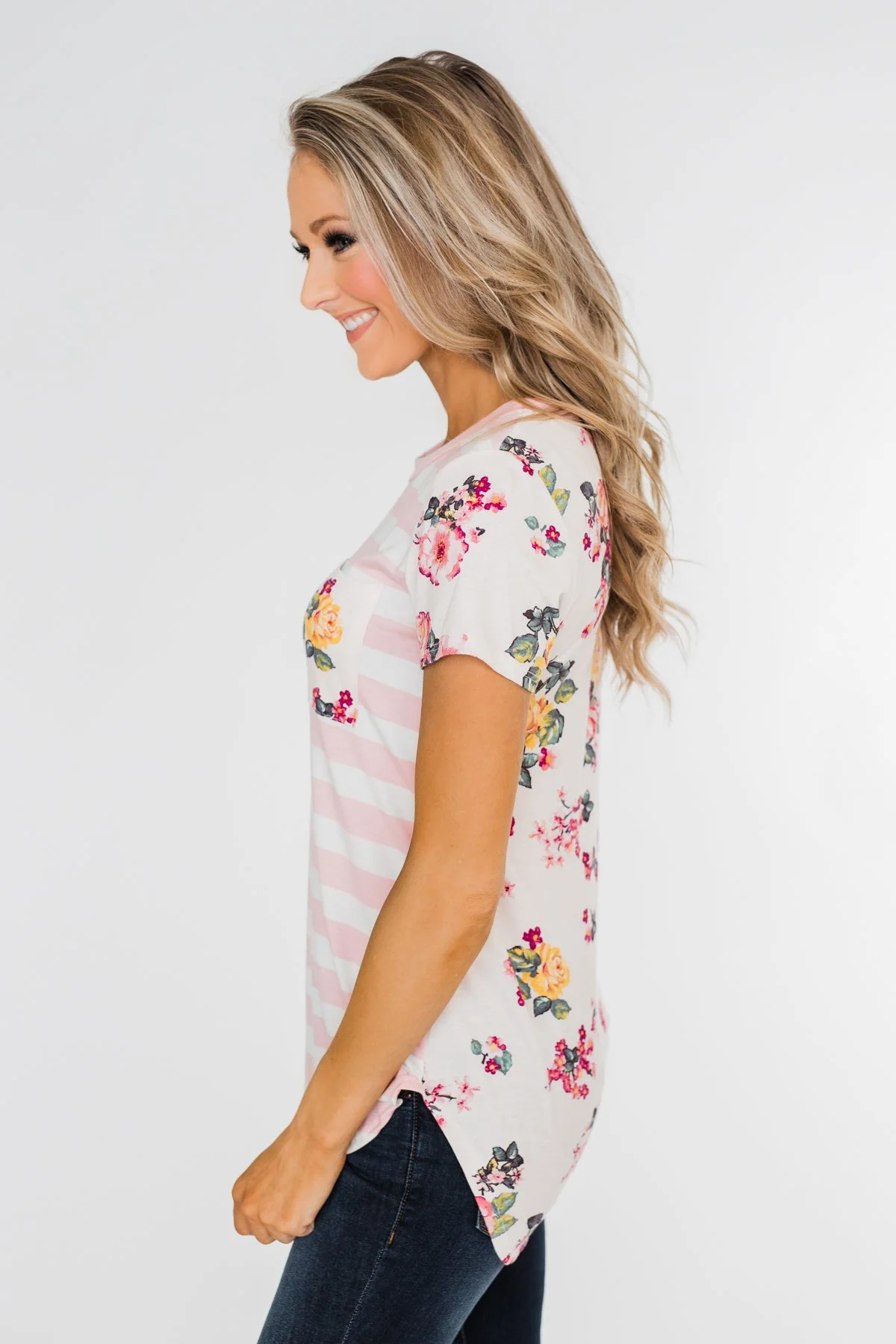 *2nds* Floral & Striped Pocket Top- Blush - Image 12
