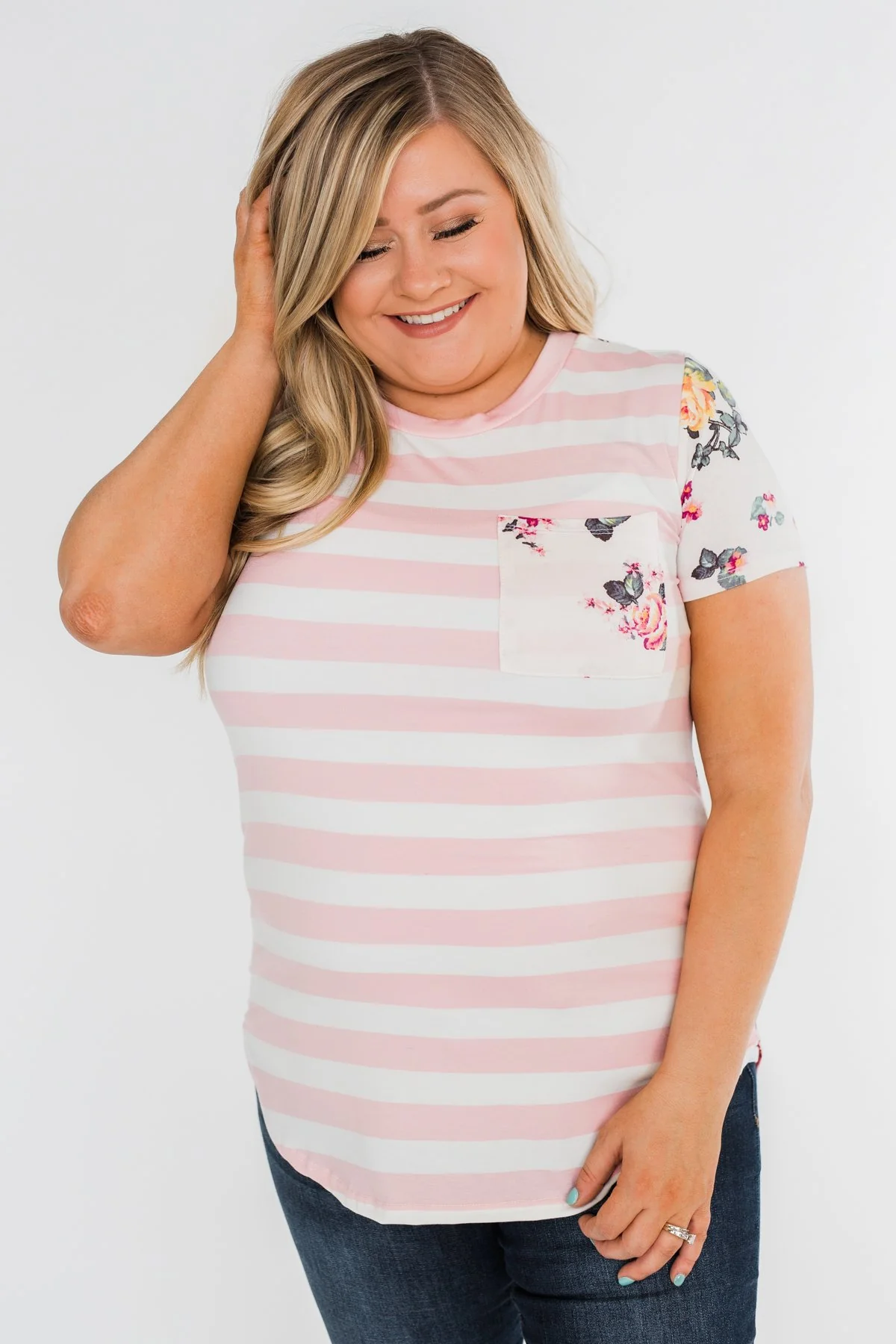 *2nds* Floral & Striped Pocket Top- Blush - Image 2
