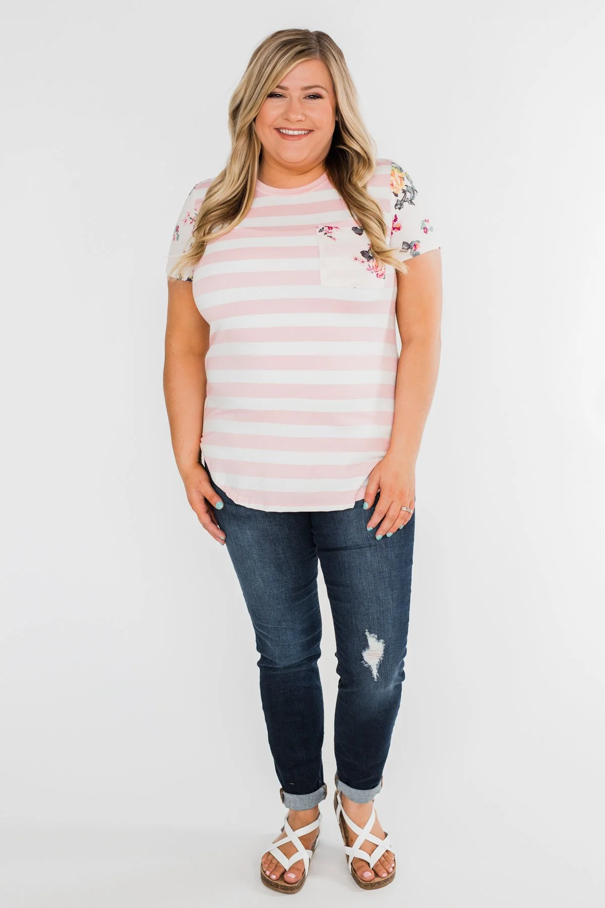 *2nds* Floral & Striped Pocket Top- Blush - Image 8