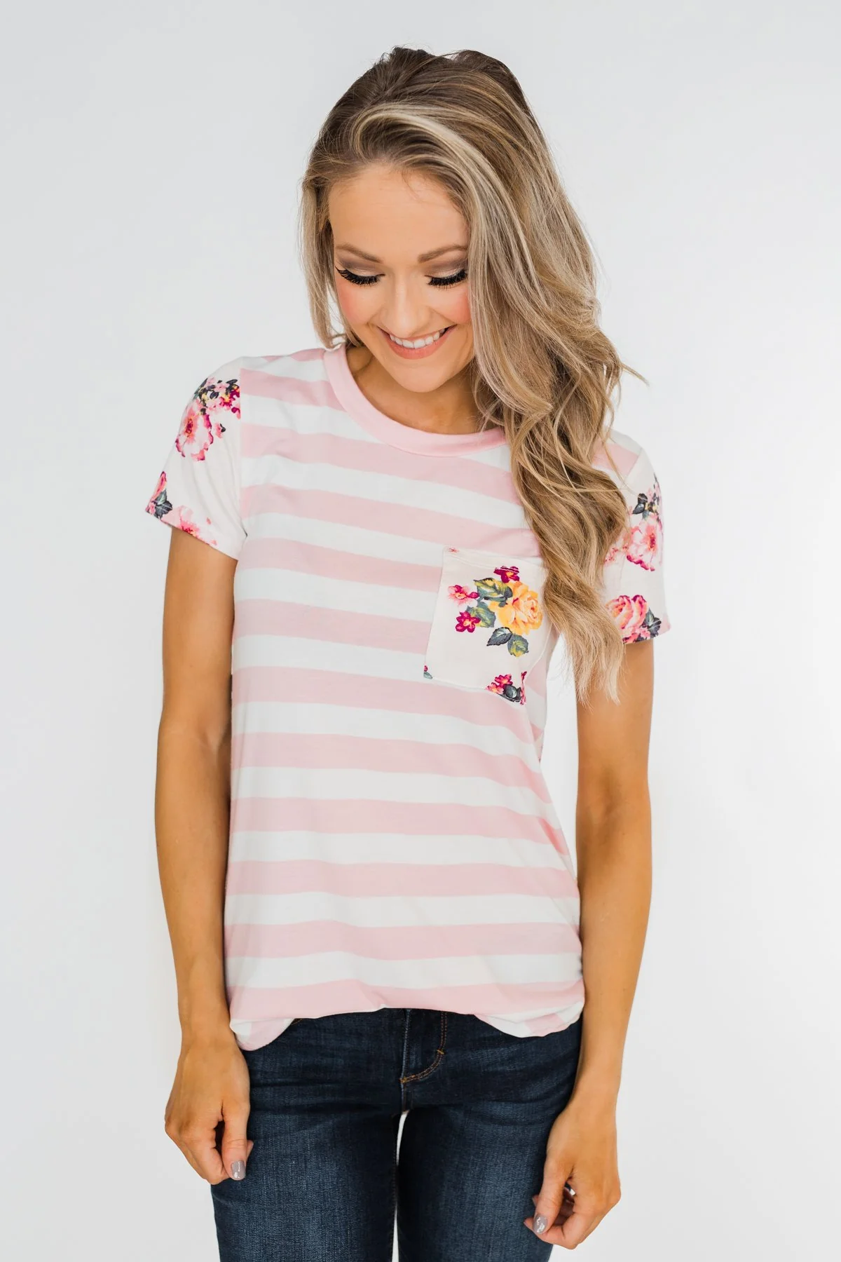 *2nds* Floral & Striped Pocket Top- Blush - Image 9