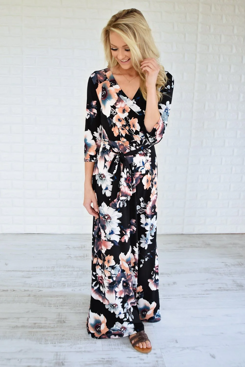 3/4 Sleeve Black Floral Maxi Dress - Image 3