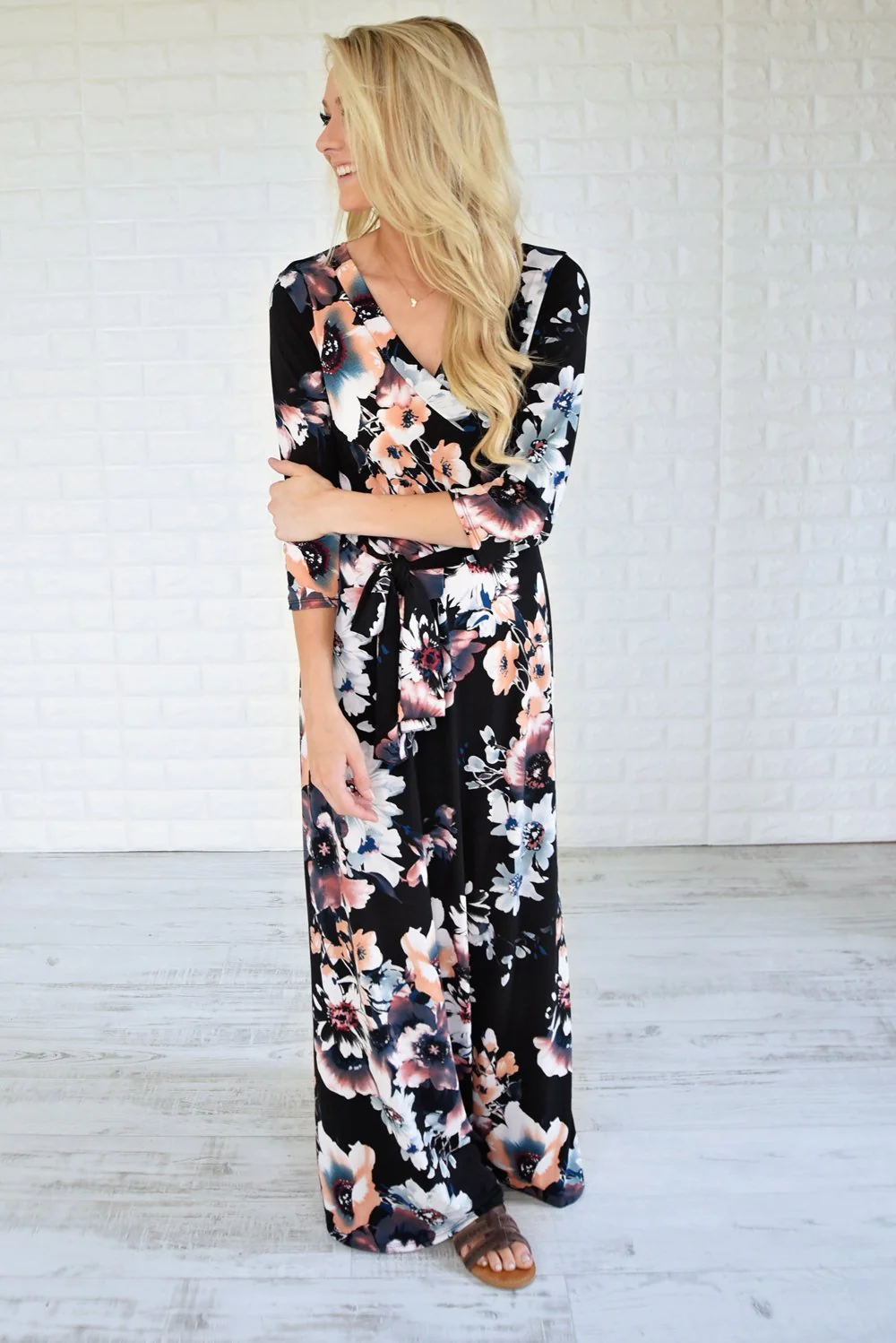 3/4 Sleeve Black Floral Maxi Dress - Image 4