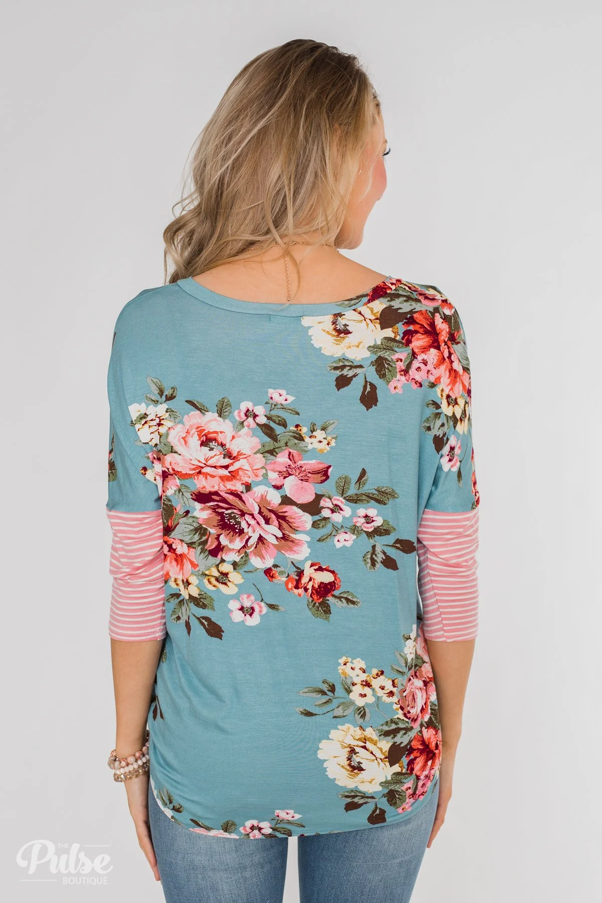 3/4 Sleeve Floral & Striped Tie Top- Antique Blue - Image 15