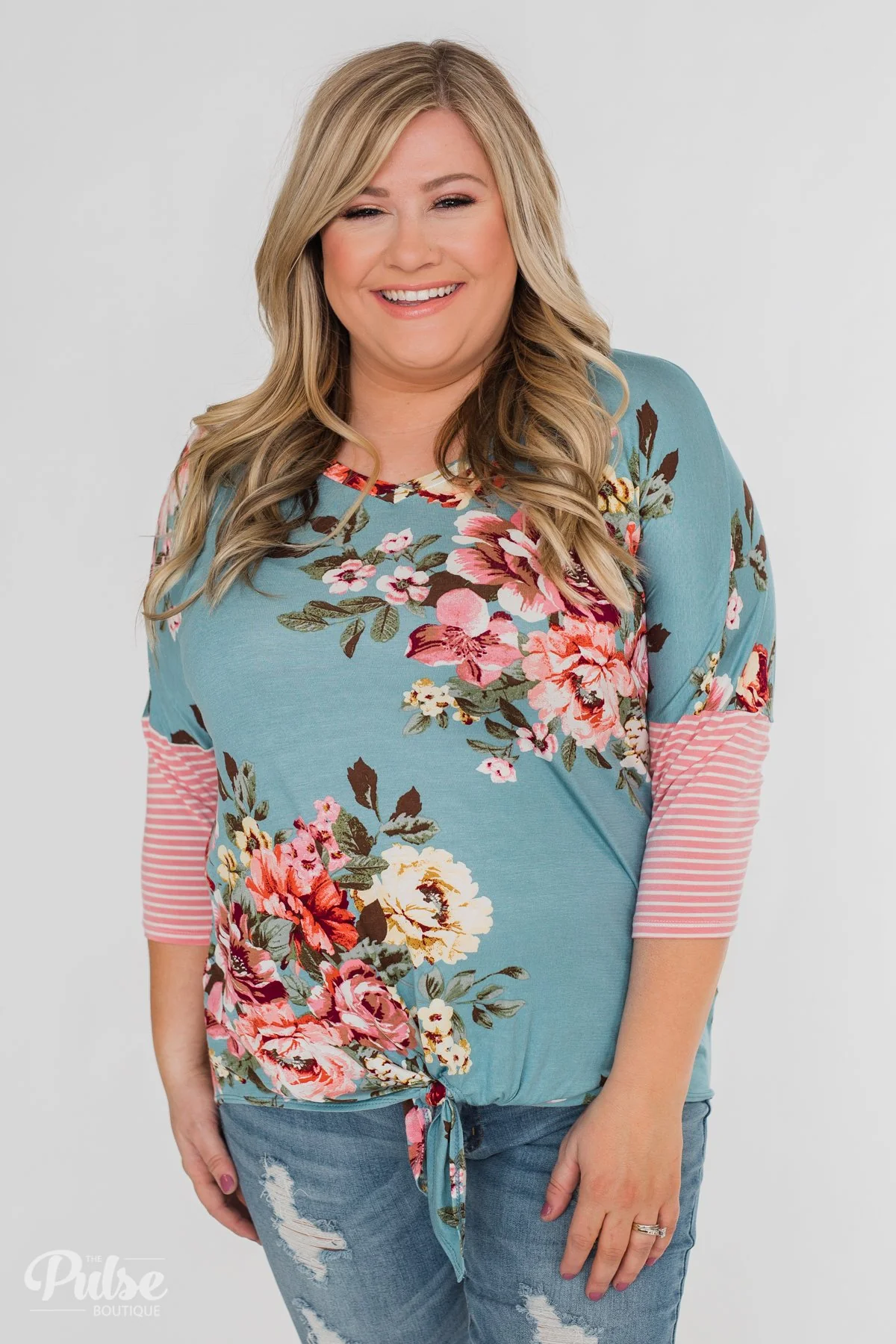 3/4 Sleeve Floral & Striped Tie Top- Antique Blue - Image 18