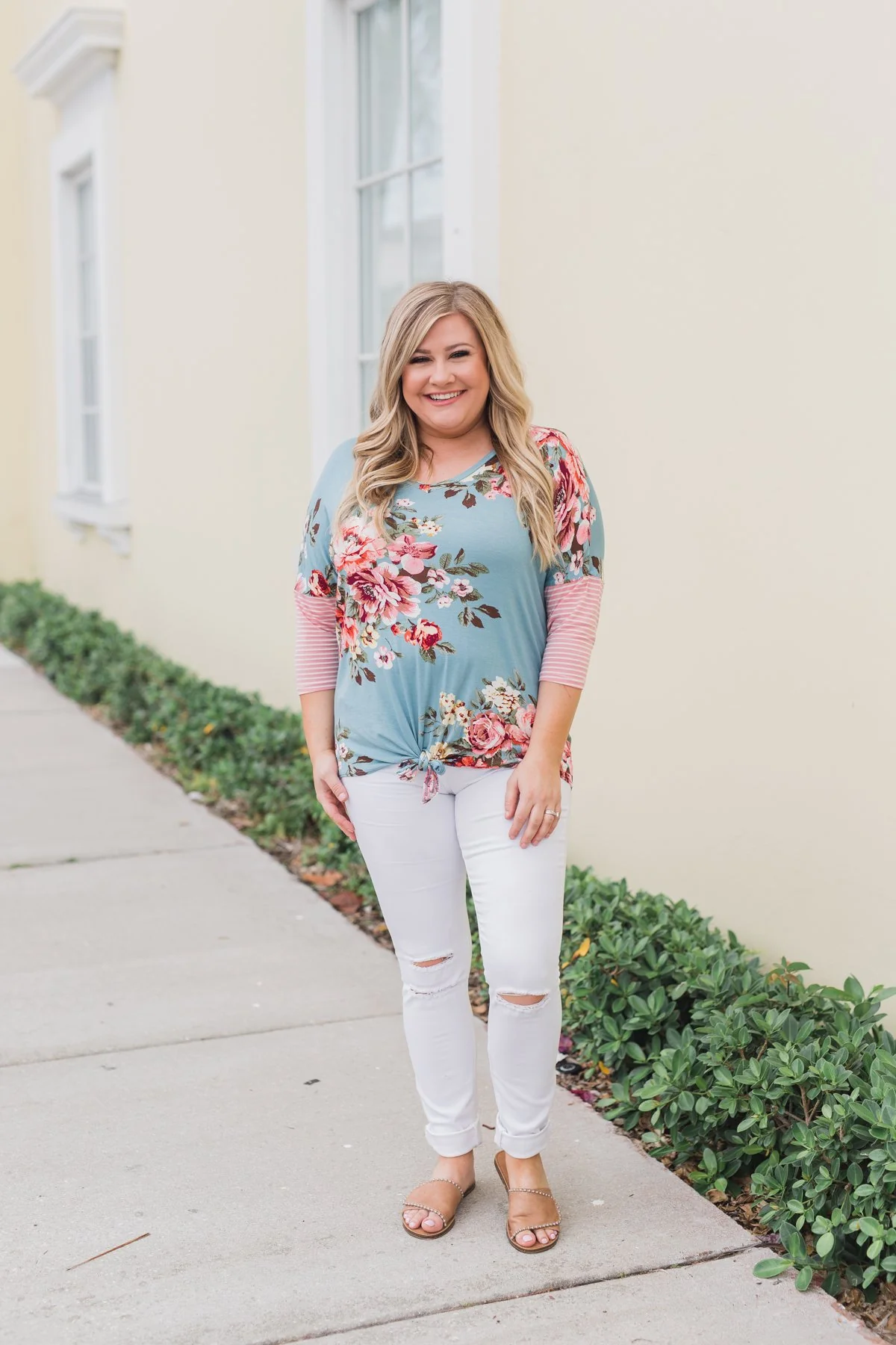 3/4 Sleeve Floral & Striped Tie Top- Antique Blue - Image 3