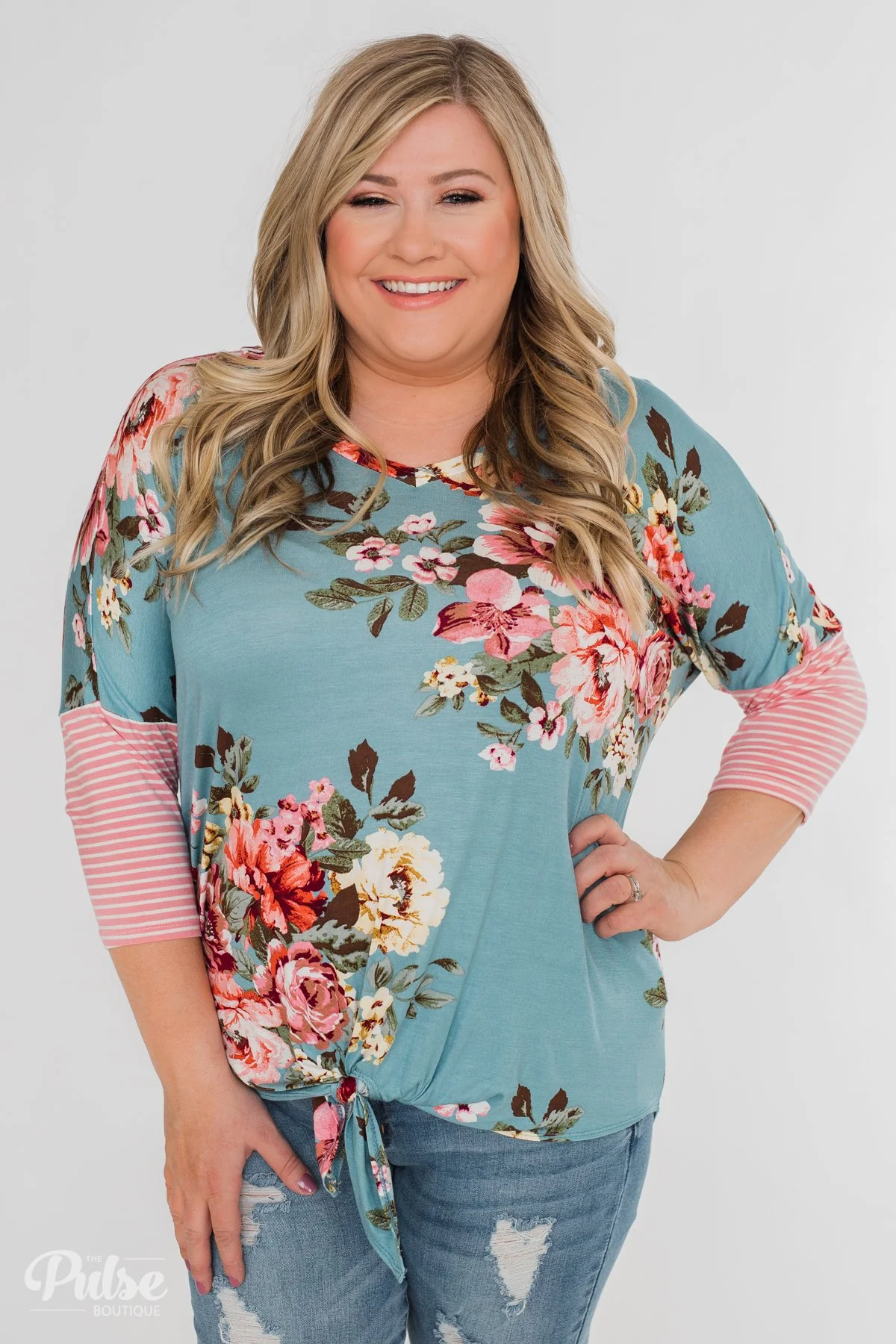 3/4 Sleeve Floral & Striped Tie Top- Antique Blue - Image 6