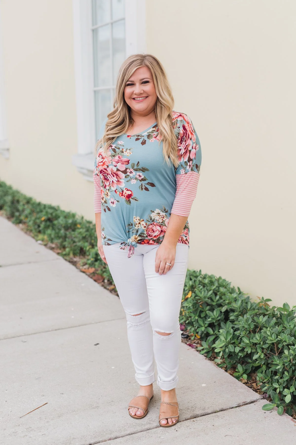 3/4 Sleeve Floral & Striped Tie Top- Antique Blue - Image 9