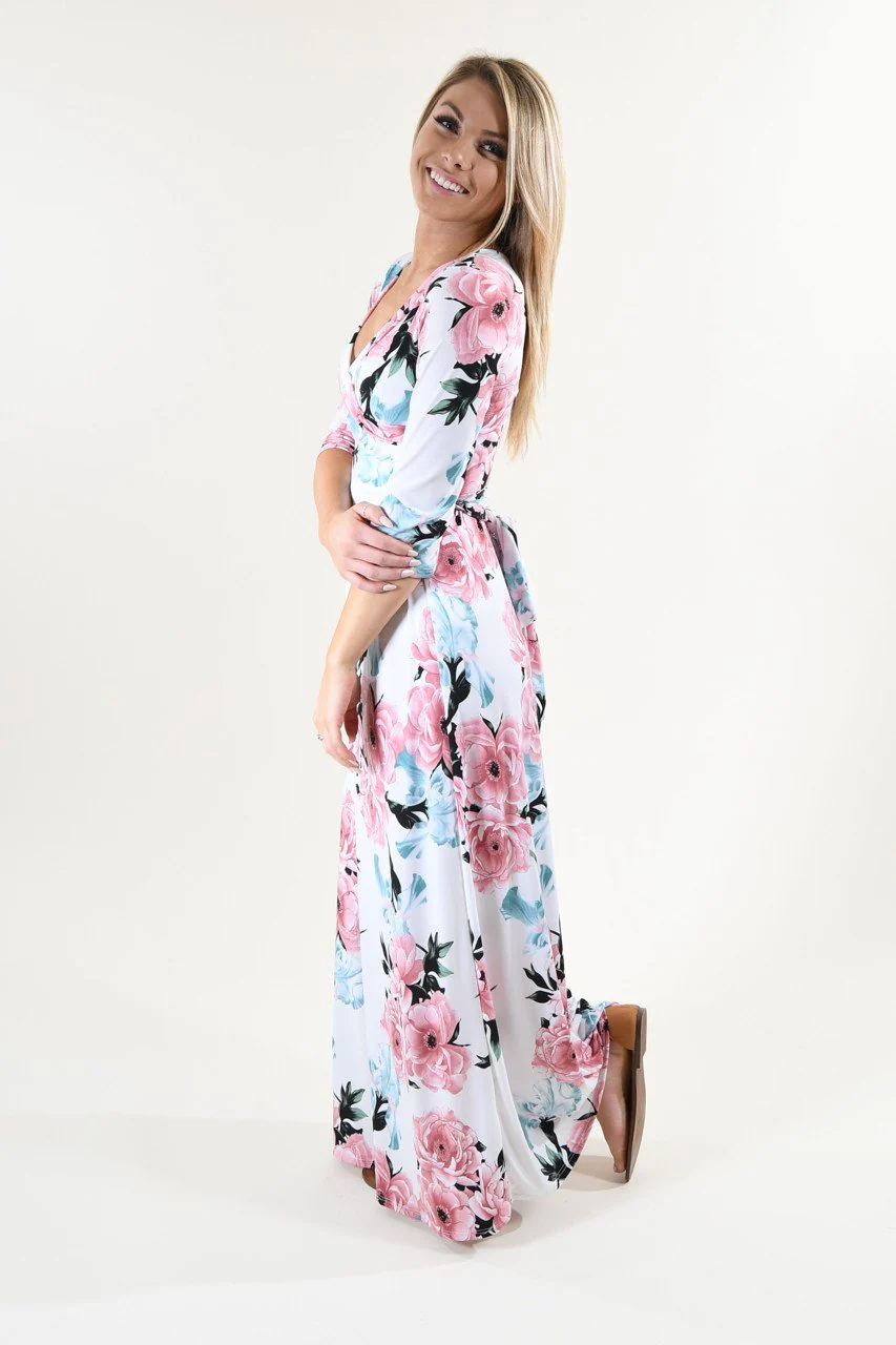 3/4 Sleeve Ivory Floral Maxi Dress - Image 5
