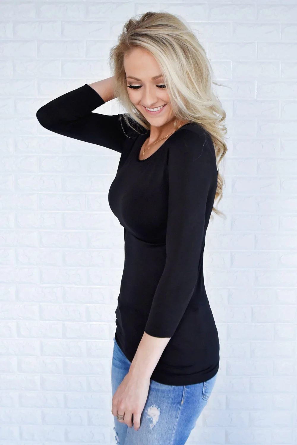 3/4 Sleeve Seamless Top - Black - Image 4