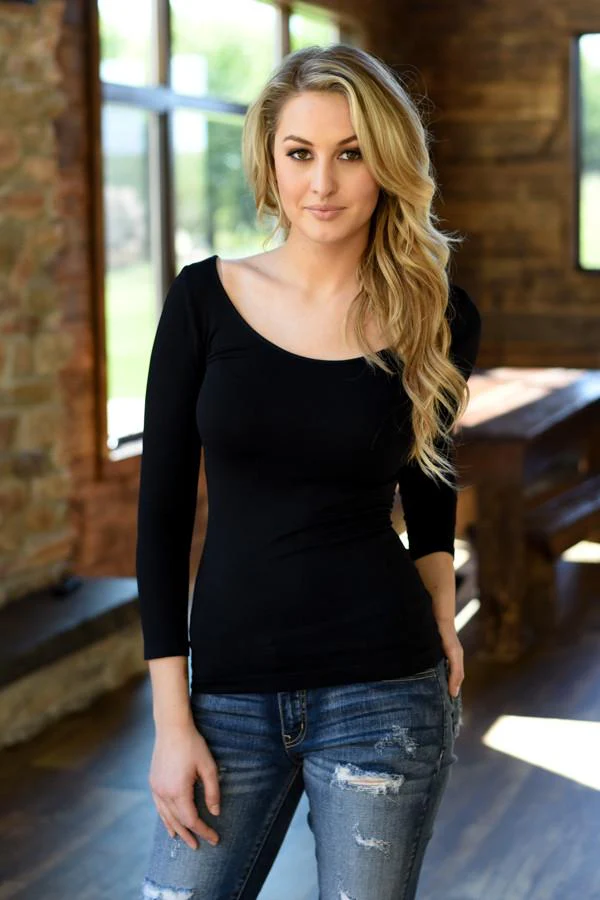 3/4 Sleeve Seamless Top - Black - Image 7
