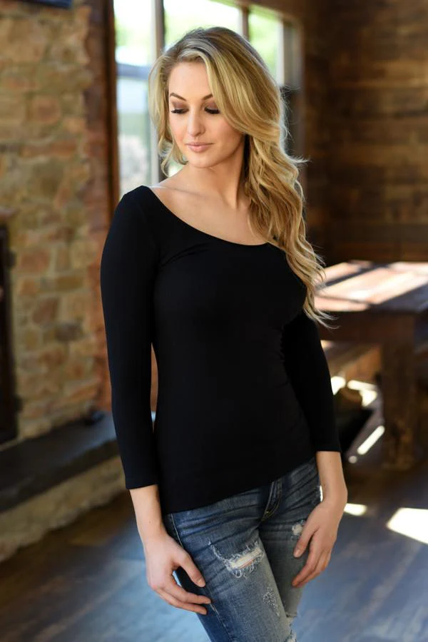 3/4 Sleeve Seamless Top - Black - Image 8