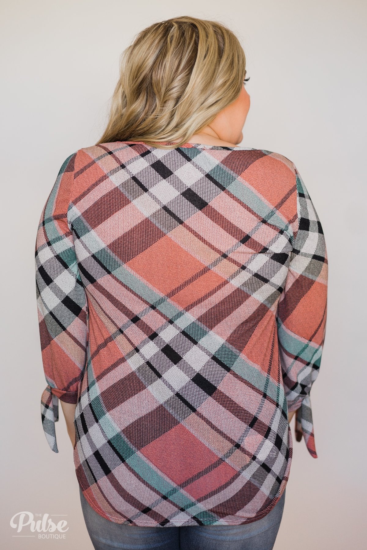 3/4 Tie Sleeve Plaid Top- Peachy Orange - Image 10
