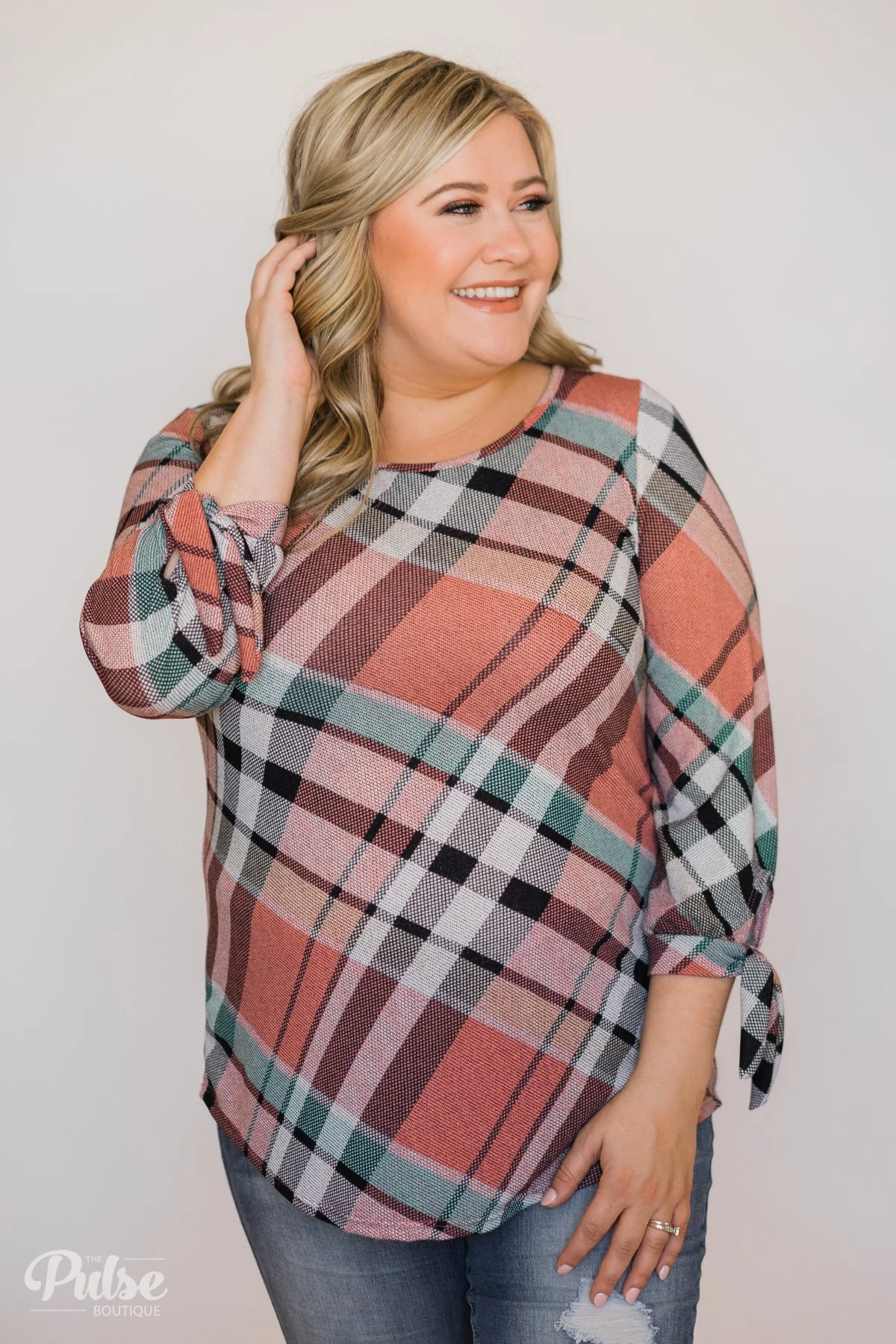 3/4 Tie Sleeve Plaid Top- Peachy Orange - Image 2