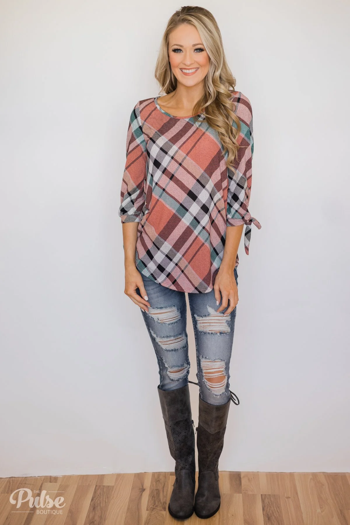 3/4 Tie Sleeve Plaid Top- Peachy Orange - Image 3
