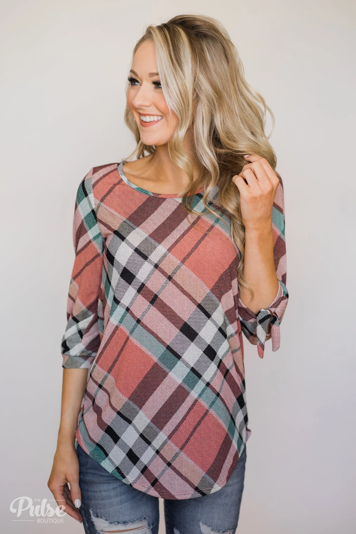3/4 Tie Sleeve Plaid Top- Peachy Orange - Image 5
