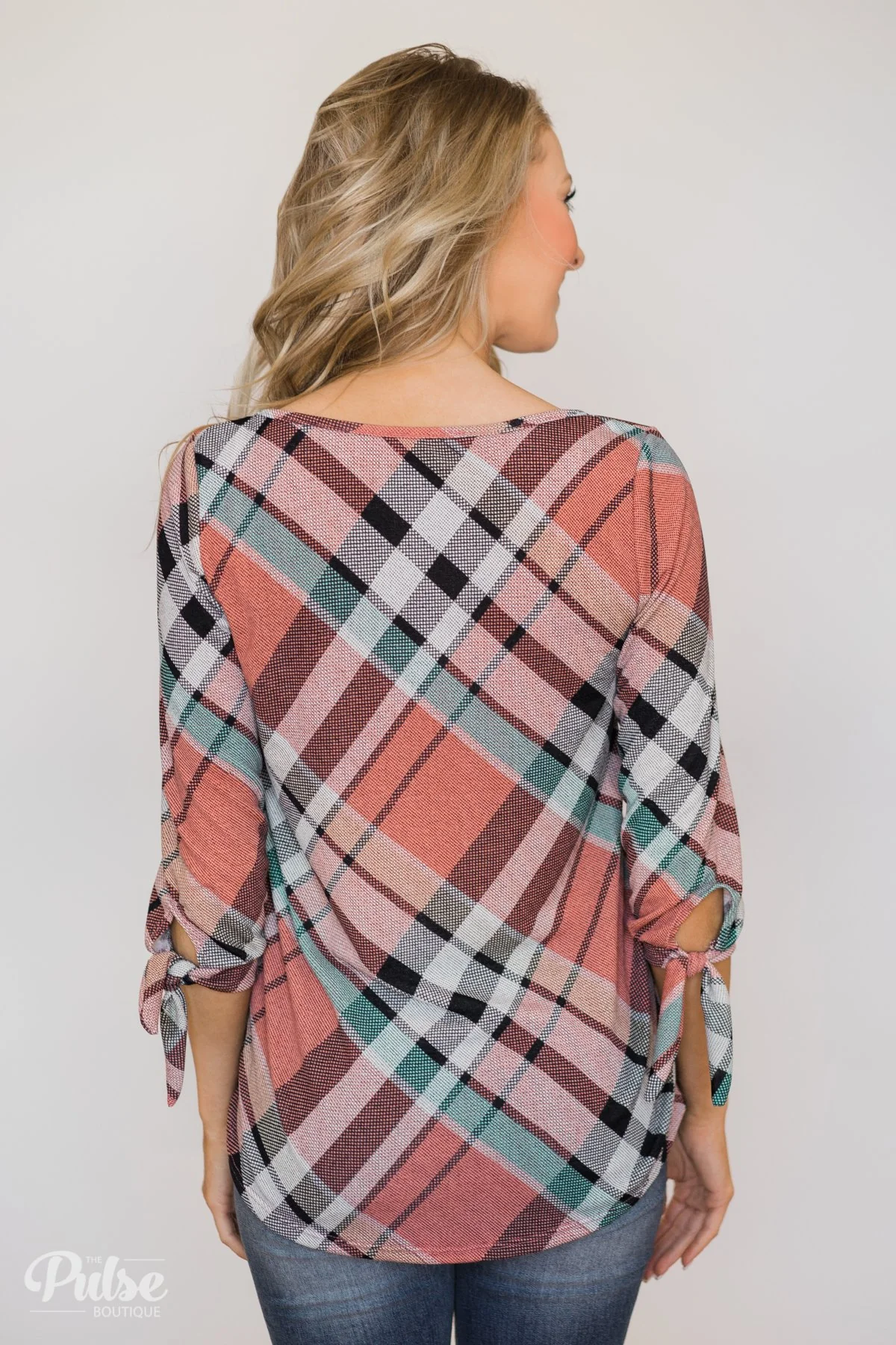 3/4 Tie Sleeve Plaid Top- Peachy Orange - Image 7