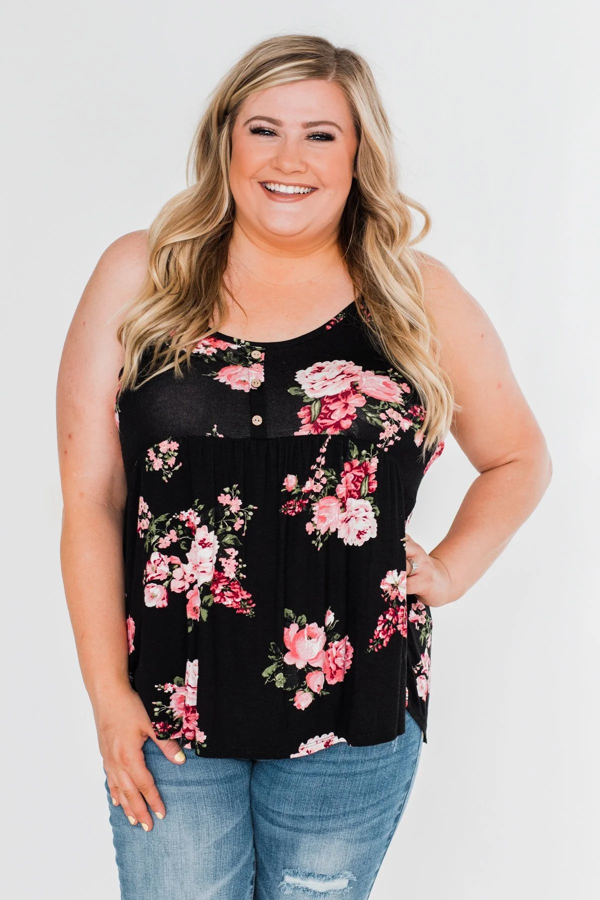 3 Button Floral Babydoll Tank Top- Black - Image 2