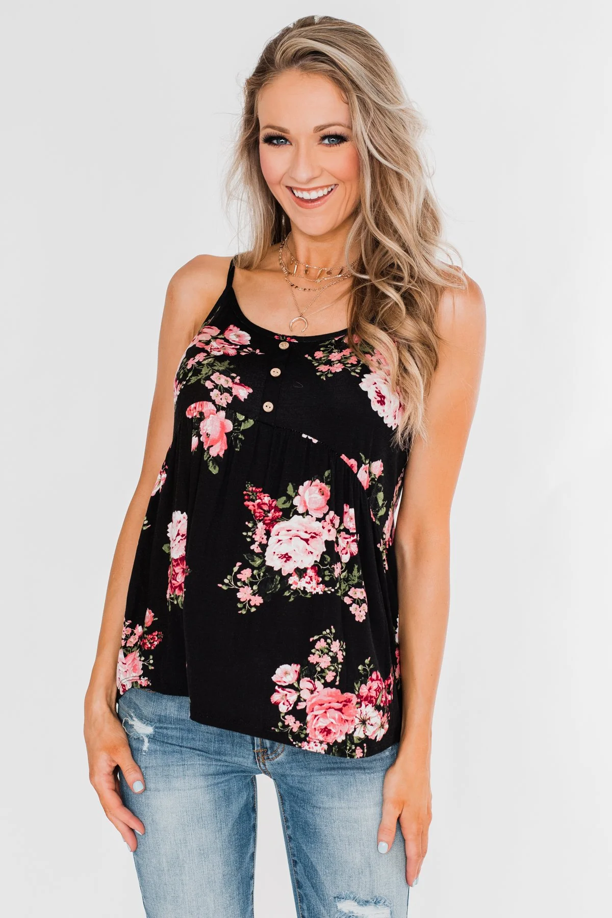 3 Button Floral Babydoll Tank Top- Black - Image 3