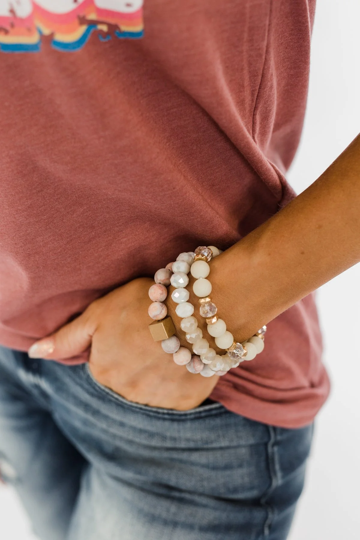 3 Layer Beaded Stretch Bracelet Set- Pink, White, & Gold
