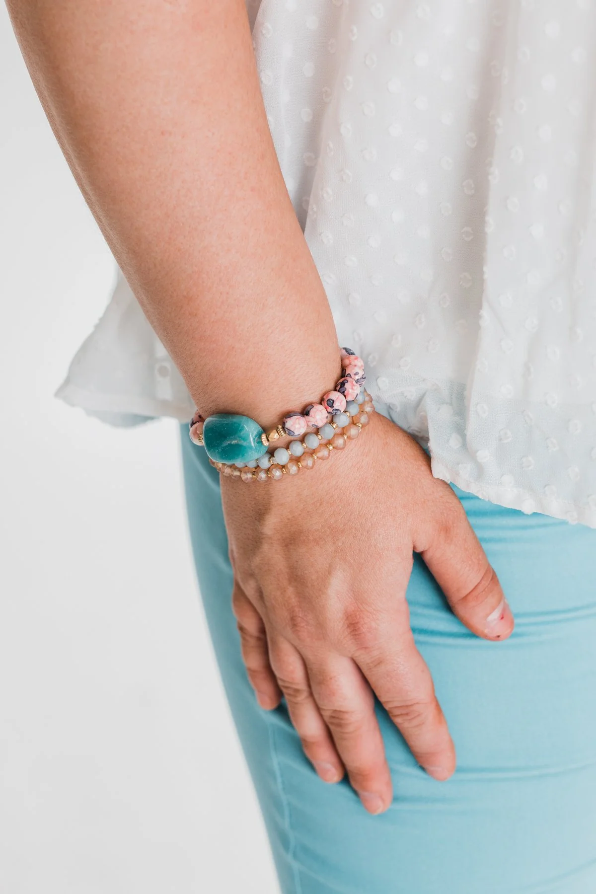 3 Layer Bracelet Stone Set- Pink & Jade - Image 3
