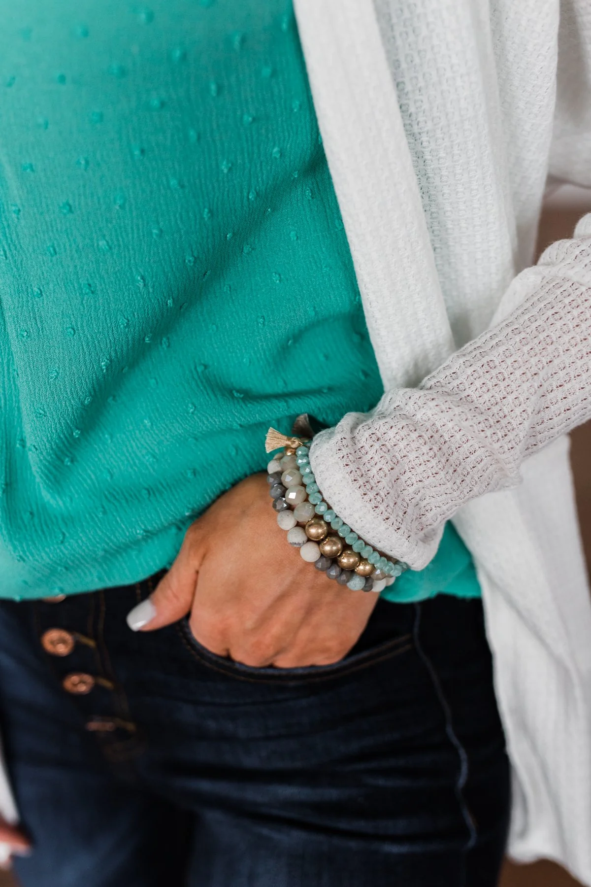 3 Layer Tassel & Beads Bracelet Set- Mint & Gold - Image 2