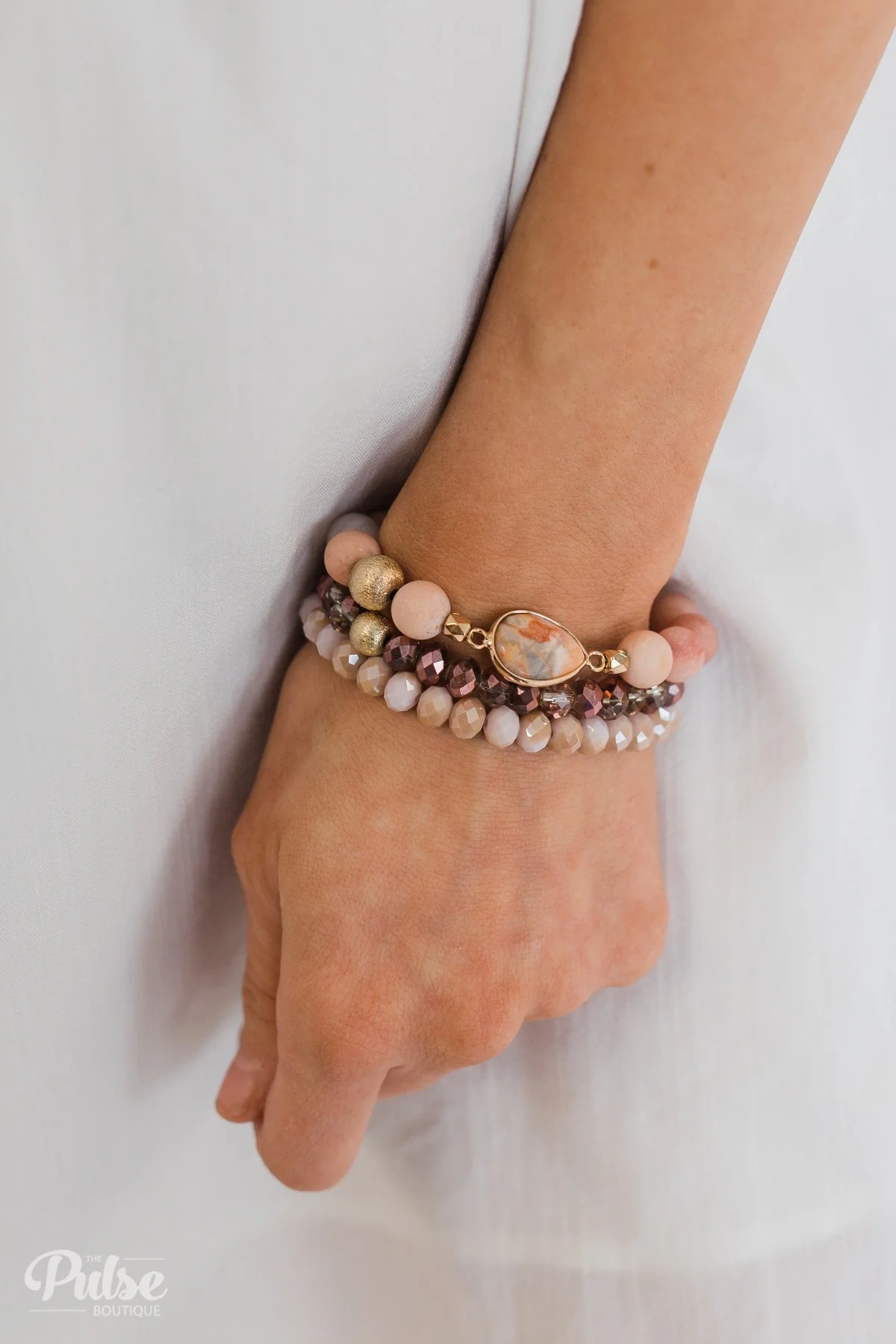 3 Layer Teardrop Bracelet Set- Pink & Gold Tones - Image 3
