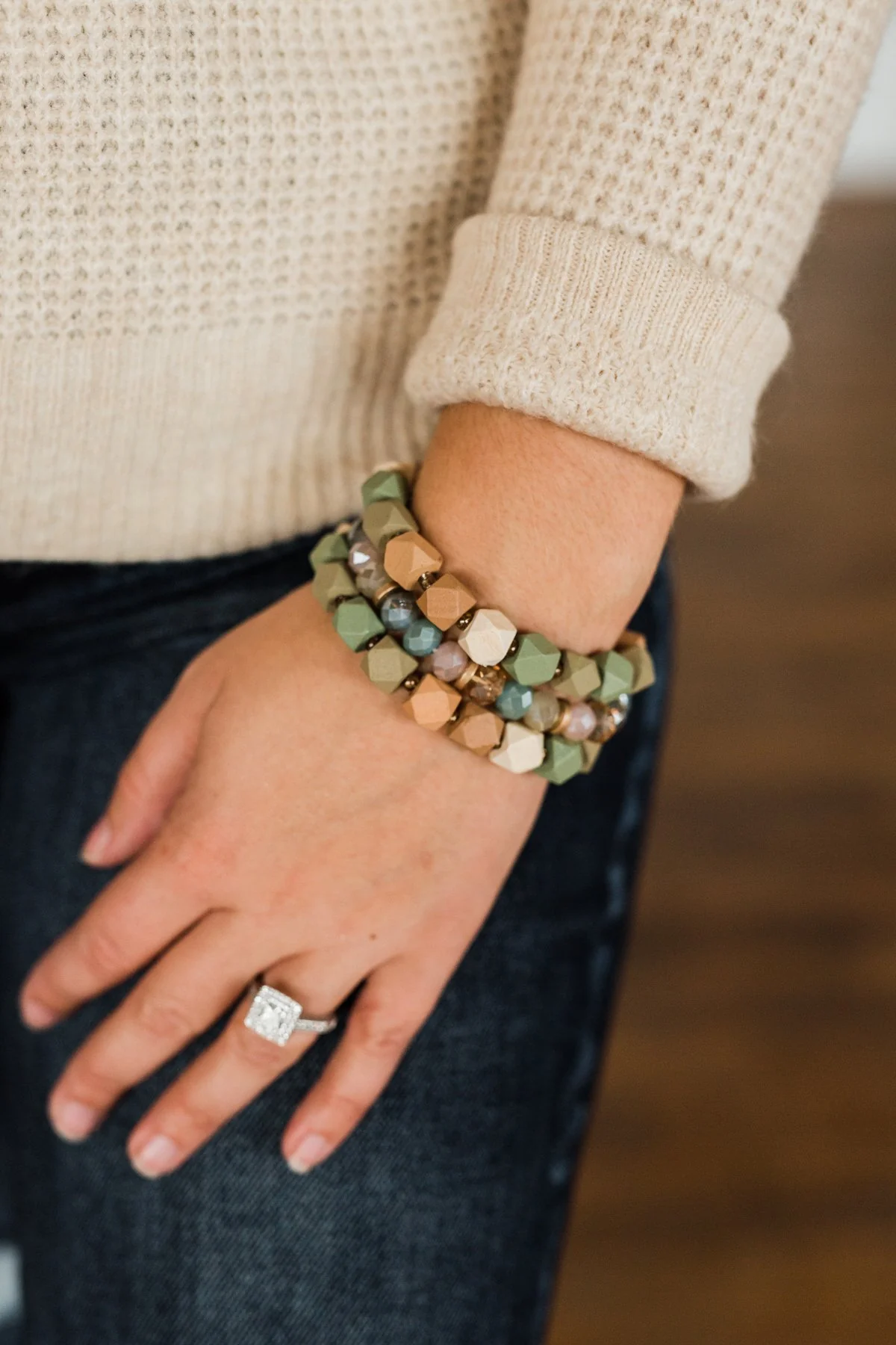 3 Stack Wood Bracelet Set- Olive & Natural Tones - Image 2