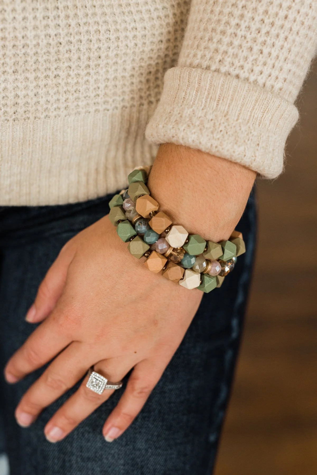 3 Stack Wood Bracelet Set- Olive & Natural Tones - Image 3