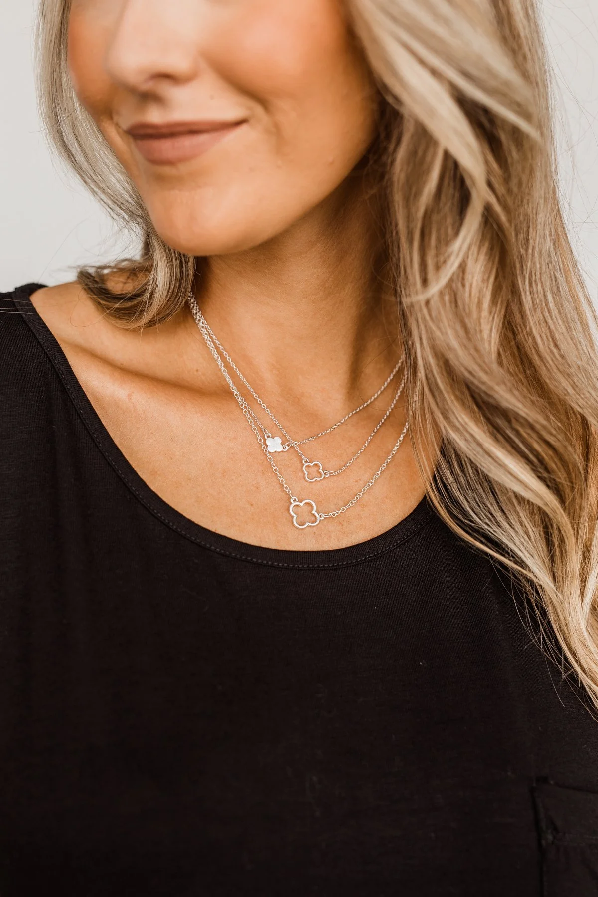 3 Tier Clover Pendant Necklace- Silver - Image 2