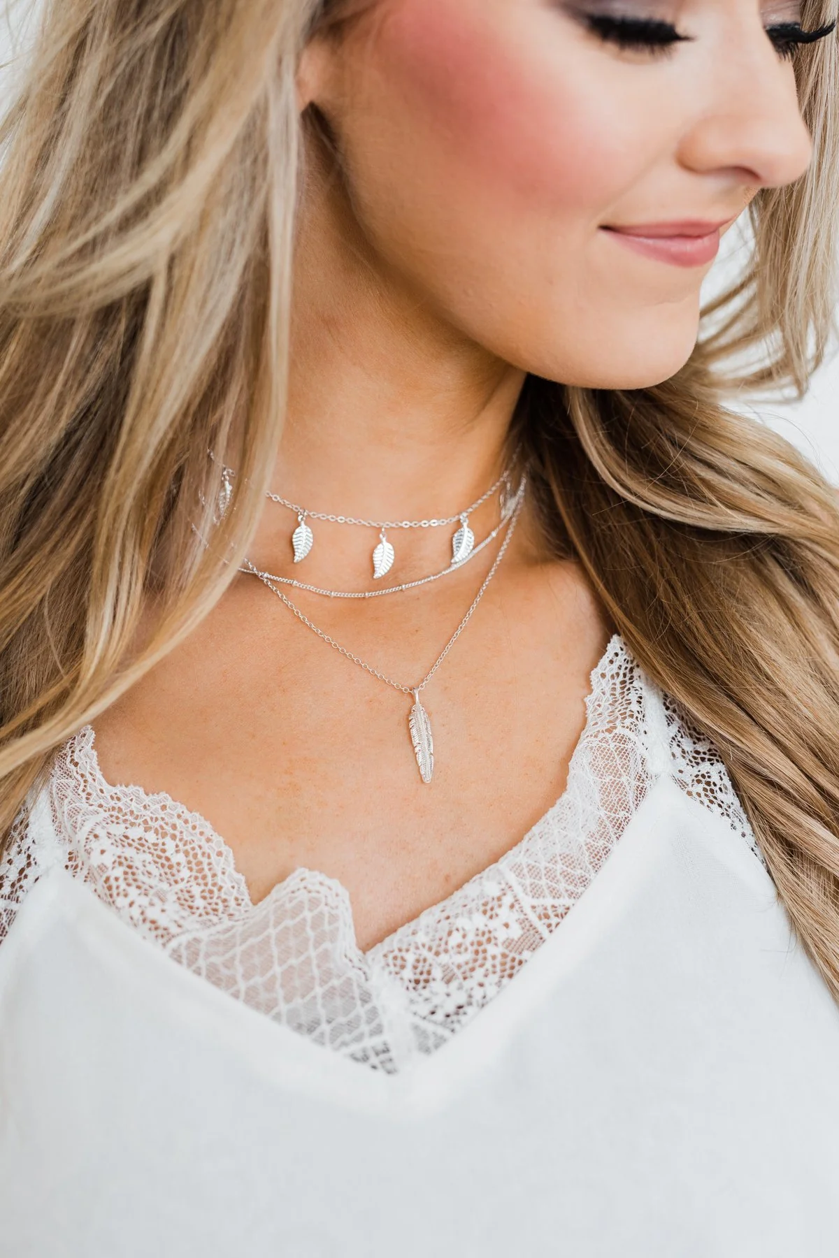 3 Tier Feather Charm Necklace- Silver