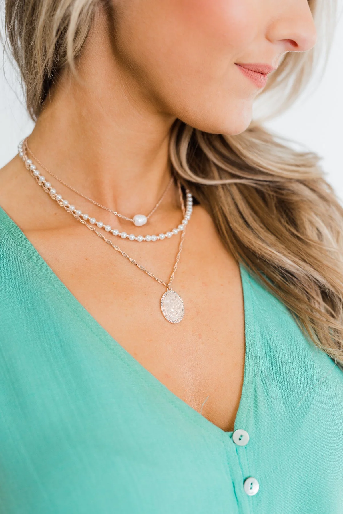 3 Tier Pearl & Oval Pendant Necklace- Rose Gold - Image 3