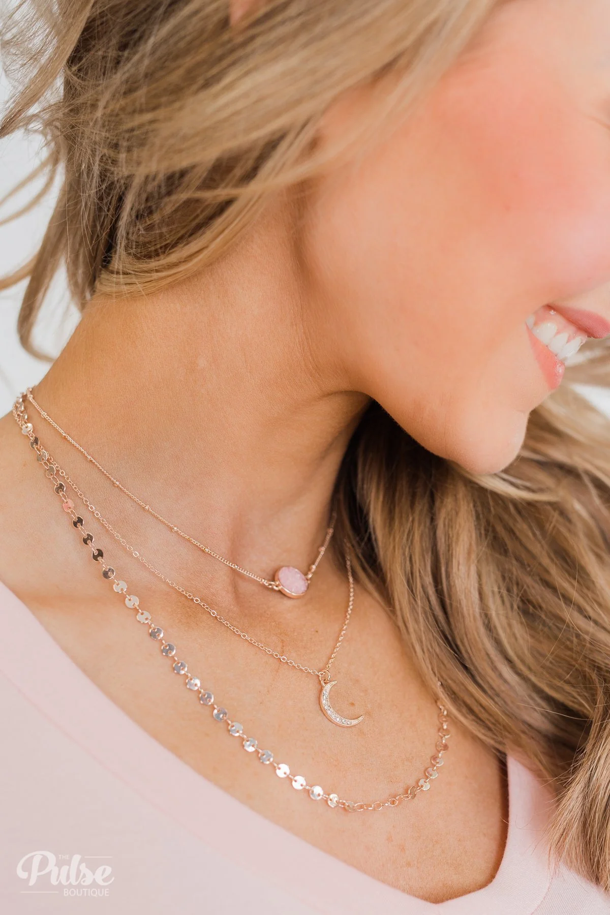 3 Tier Rose Gold Stone & Crescent Necklace- Pink - Image 3