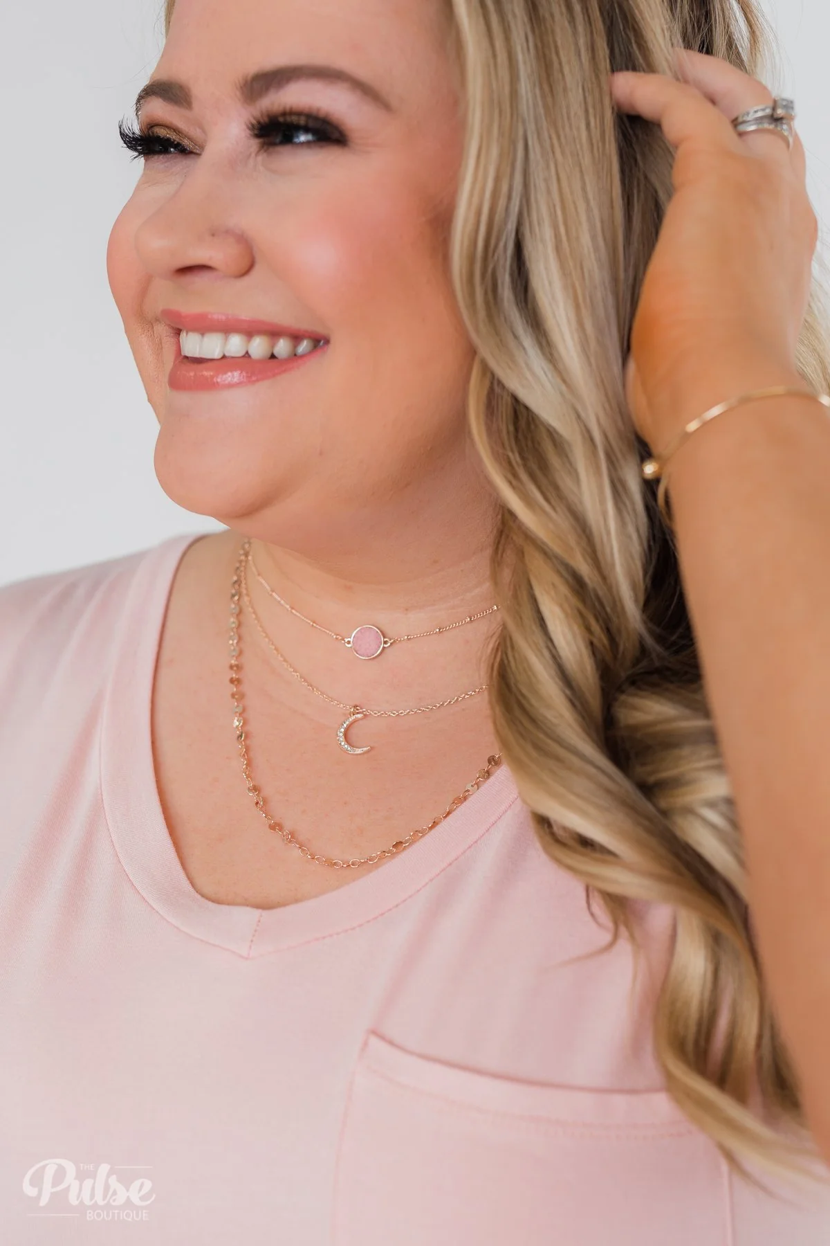 3 Tier Rose Gold Stone & Crescent Necklace- Pink - Image 4