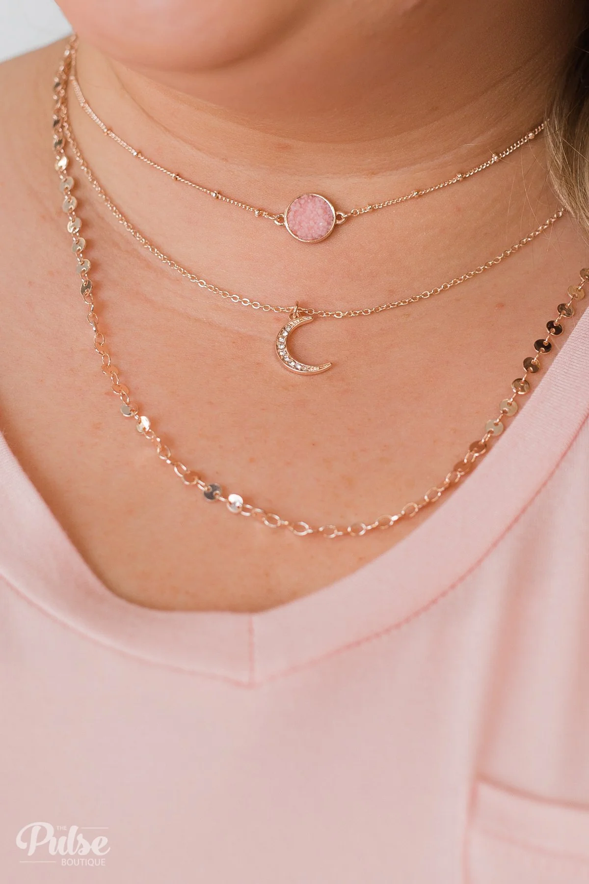 3 Tier Rose Gold Stone & Crescent Necklace- Pink - Image 5