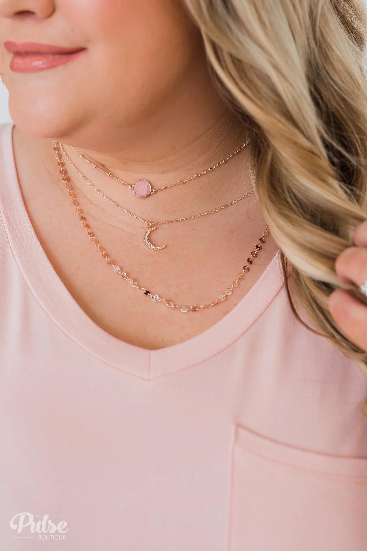 3 Tier Rose Gold Stone & Crescent Necklace- Pink - Image 6