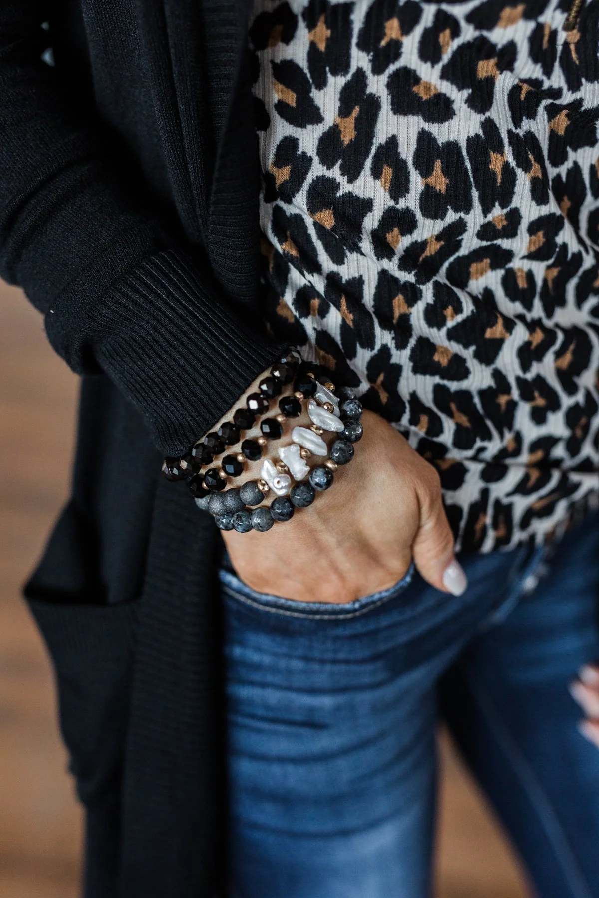 4 Layer Beaded Bracelet Set- Black & Gold - Image 2