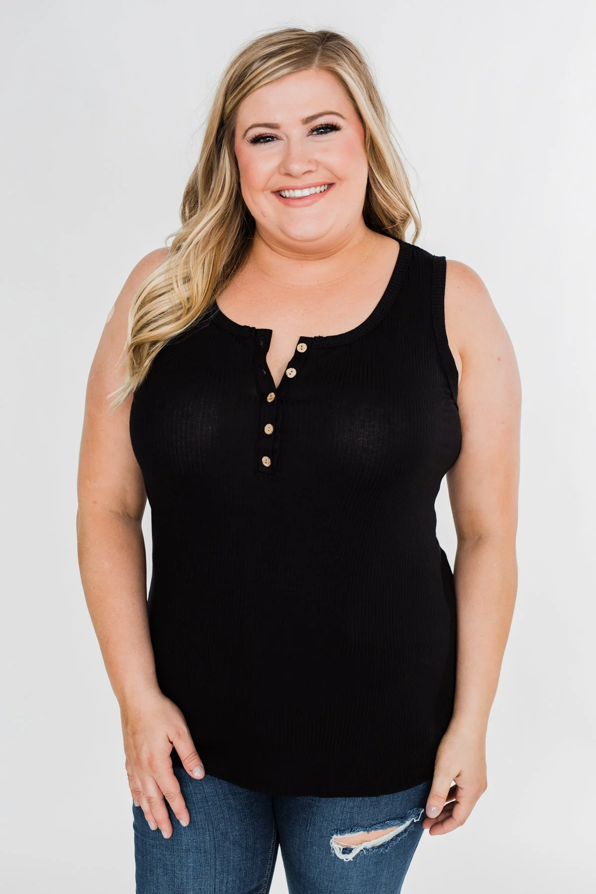 5-Button Henley Tank Top- Black - Image 2