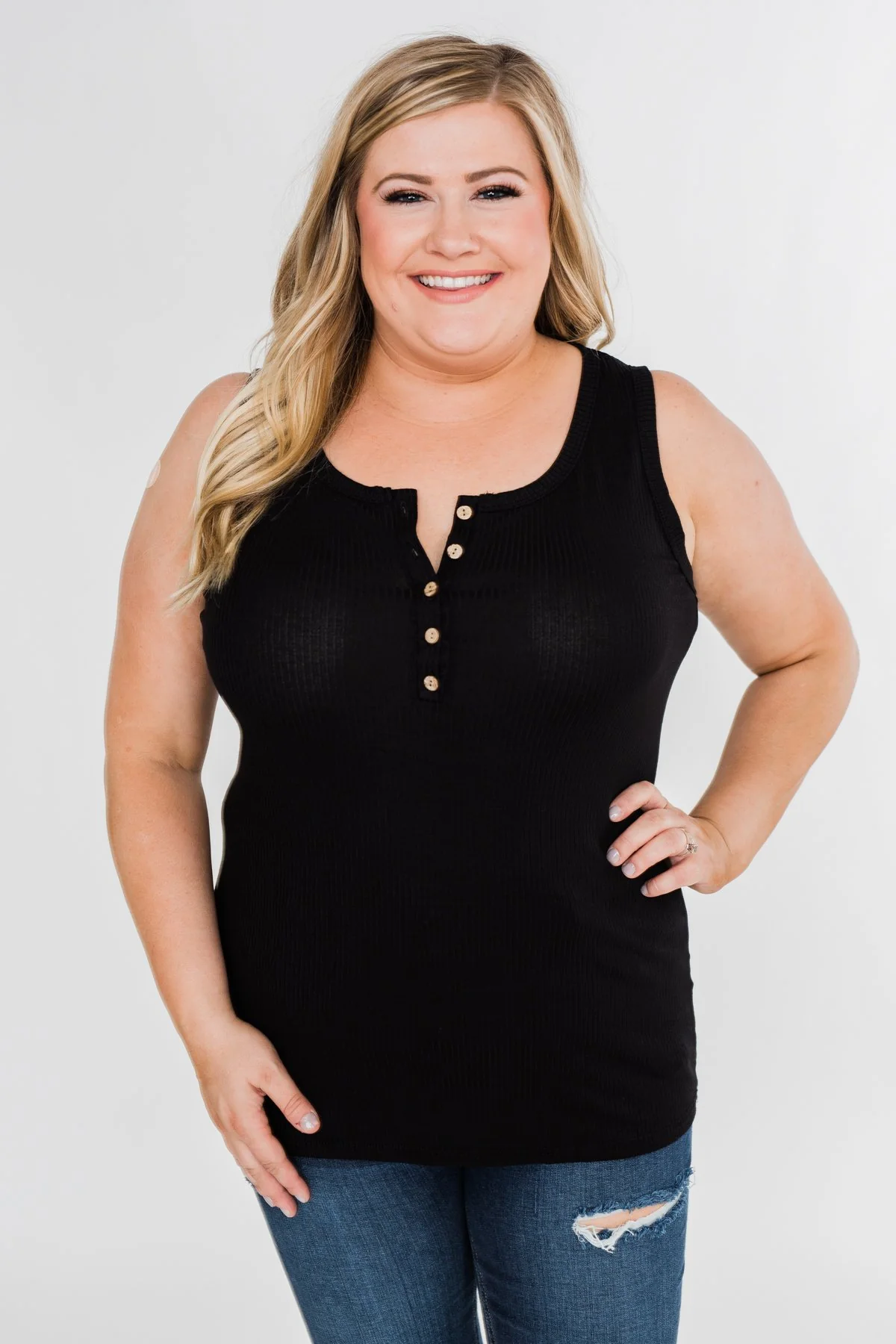 5-Button Henley Tank Top- Black - Image 4