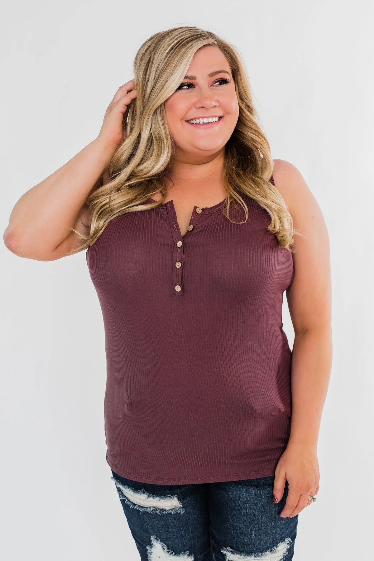 5-Button Henley Tank Top- Dark Mauve - Image 6