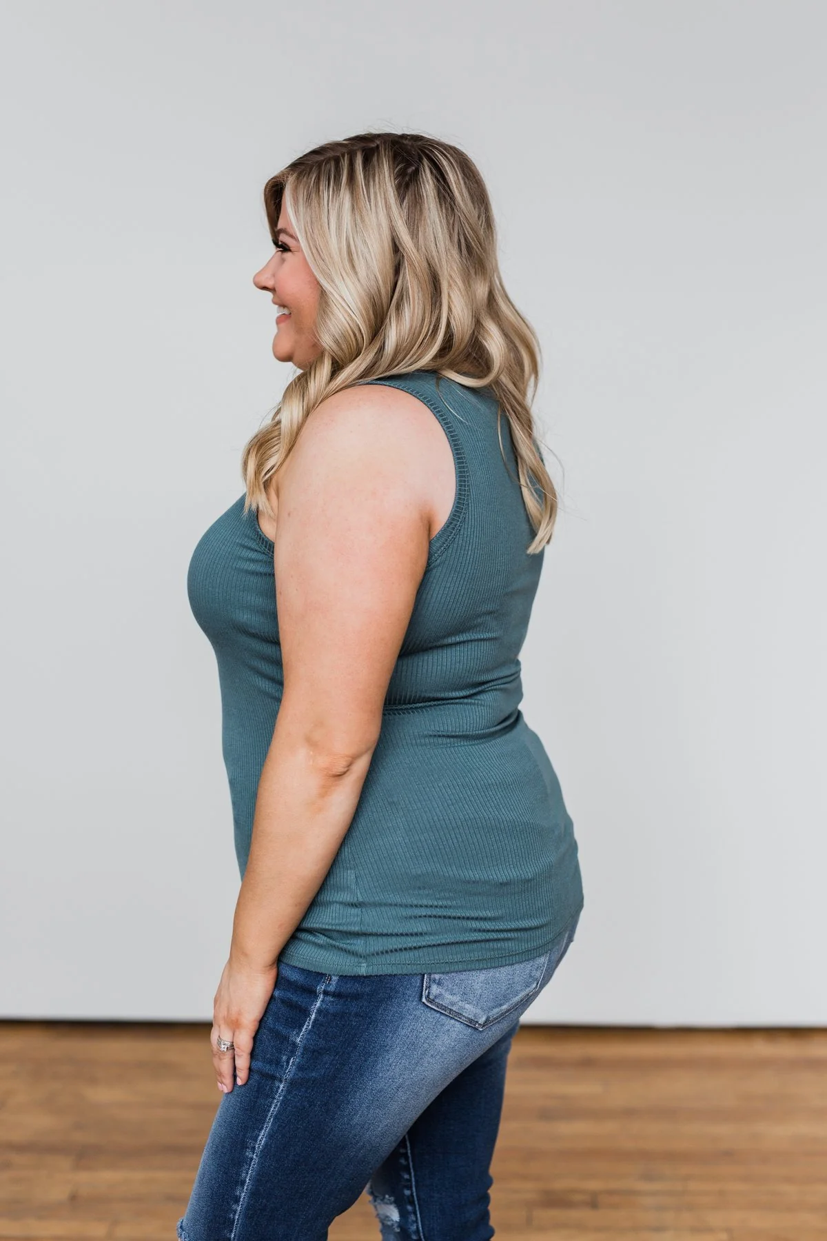 5 Button Henley Tank Top- Dark Seafoam - Image 10
