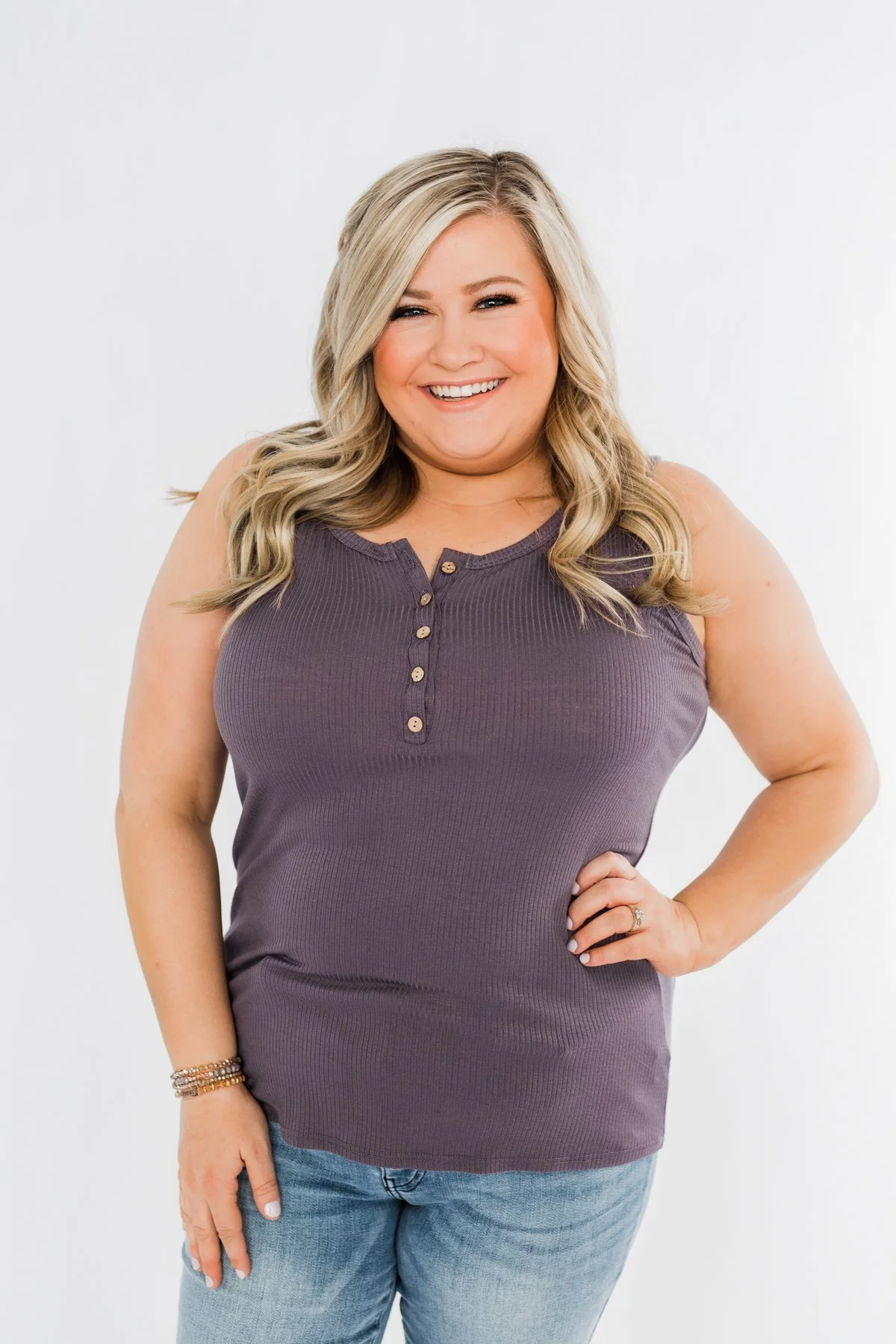 5 Button Henley Tank Top- Deep Purple - Image 8