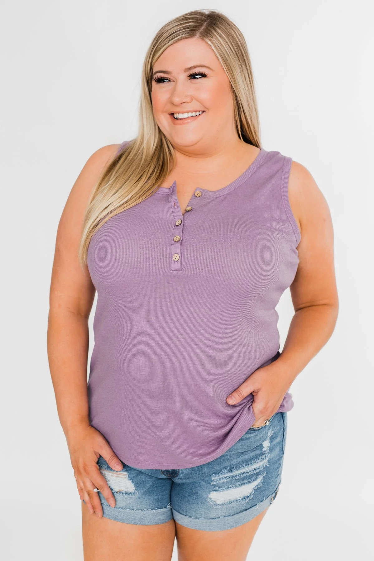 5 Button Henley Tank Top- Dusty Purple - Image 5