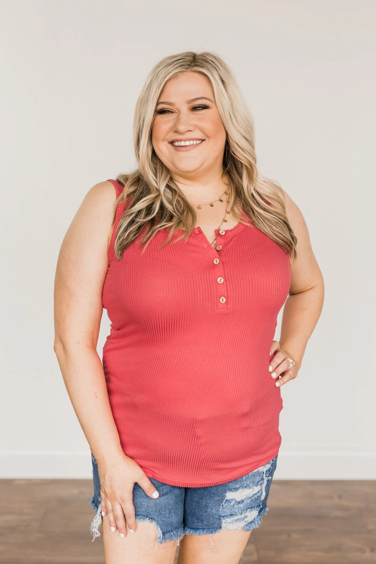 5 Button Henley Tank Top- Lipstick Pink - Image 3