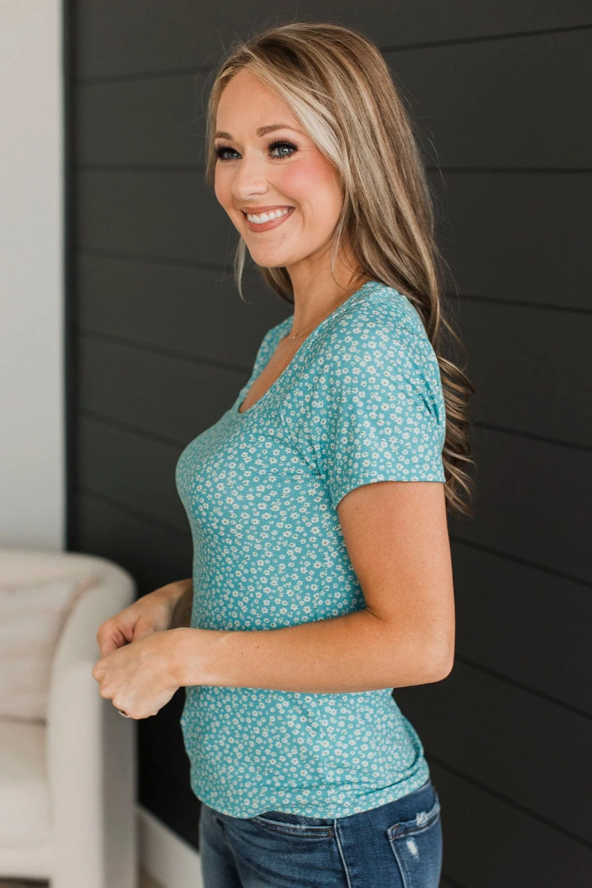 Got Me Good Short Sleeve Floral Top- Mint Blue - Image 6